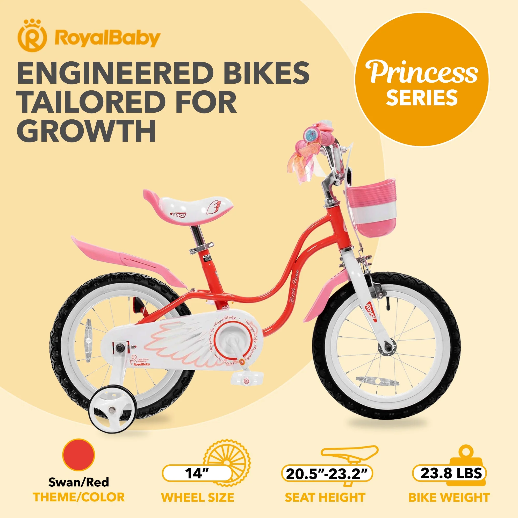 RoyalBaby Princess Girl Kids Bicycle 14 Inch with Training Wheels, Swan/Red - Image 3