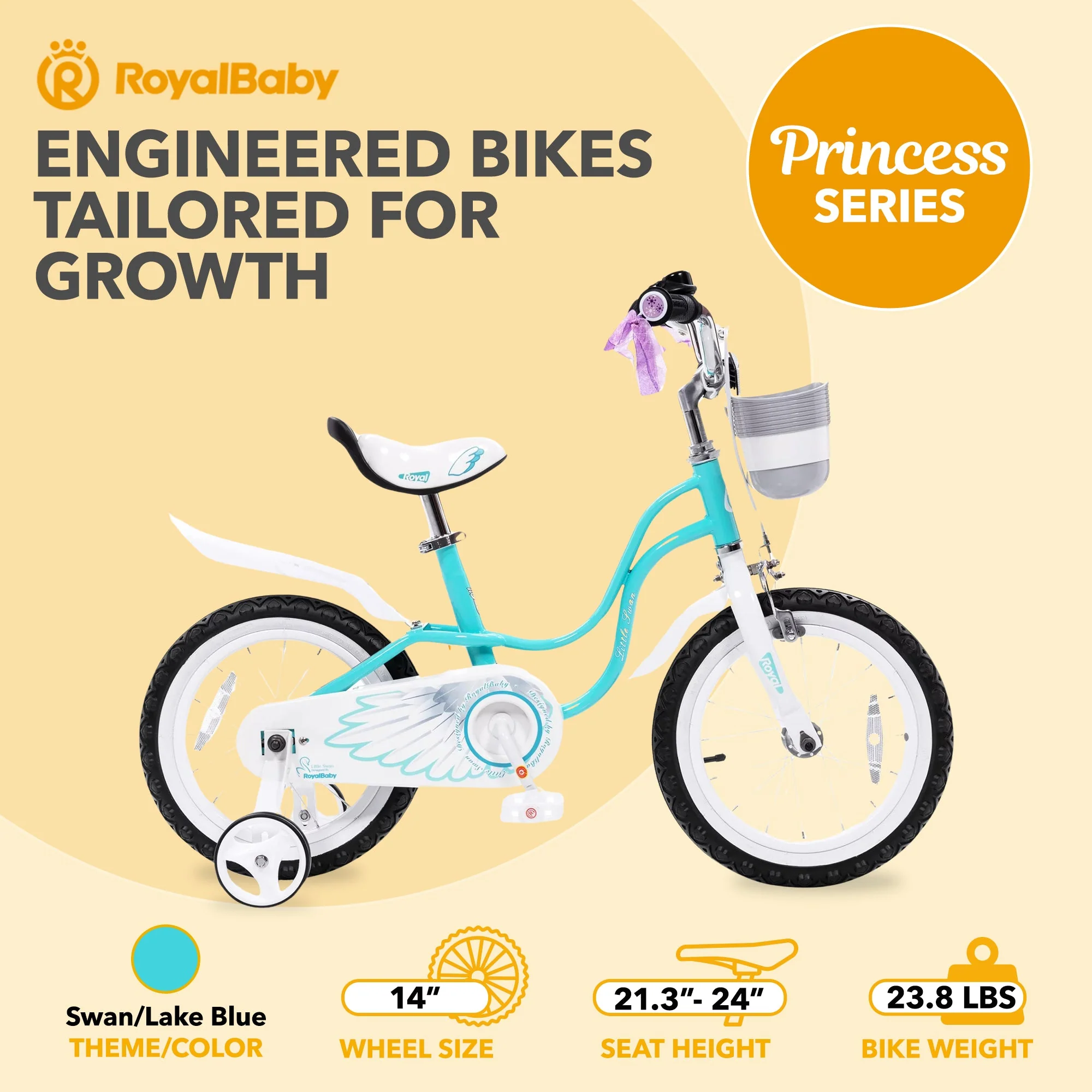 RoyalBaby Princess Girl Kids Bicycle 14" with Training Wheels, Swan/Lake Blue - Image 3