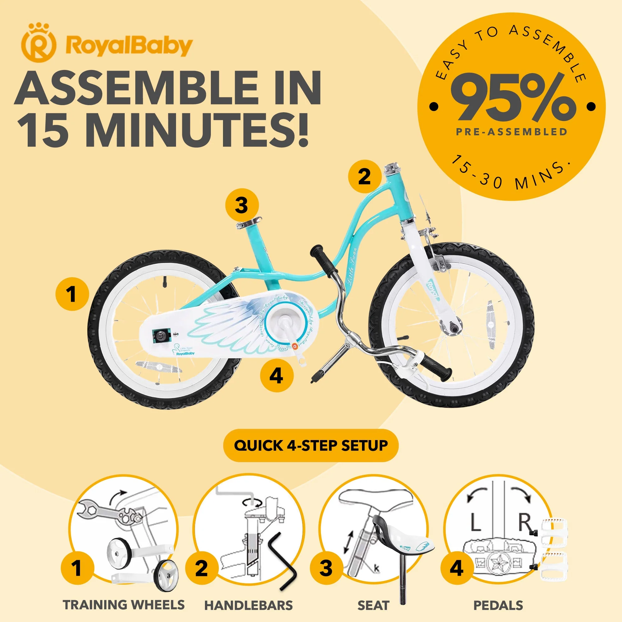 RoyalBaby Princess Girl Kids Bicycle 14" with Training Wheels, Swan/Lake Blue - Image 4
