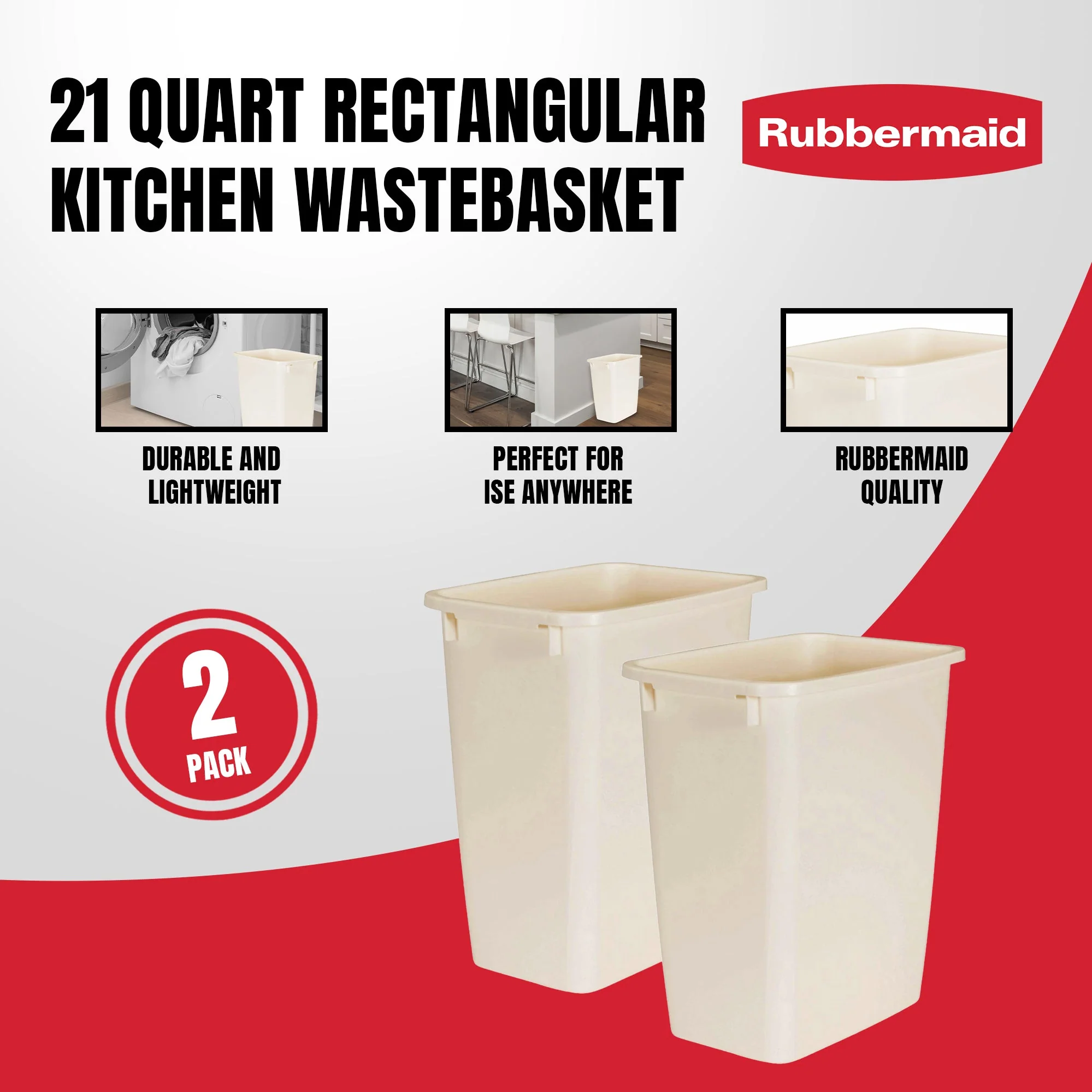 Rubbermaid 21 Quart Rectangular Kitchen Wastebasket Trash Can, Bisque (2 Pack) - Image 2