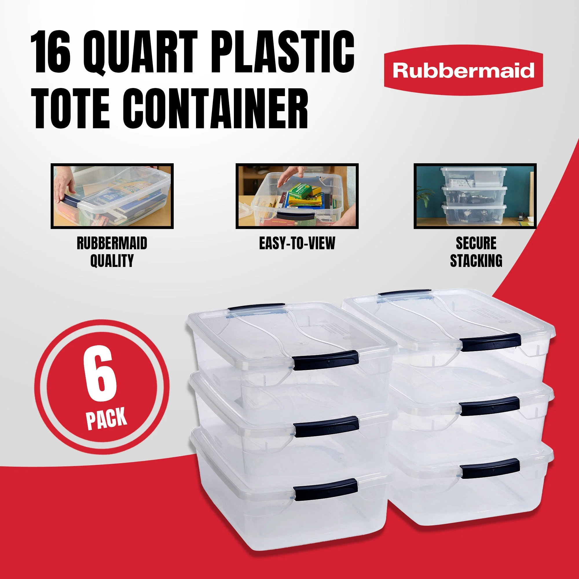Rubbermaid Cleverstore 17 Quart Plastic Storage Tote Container with Lid (6 Pack) - Image 3