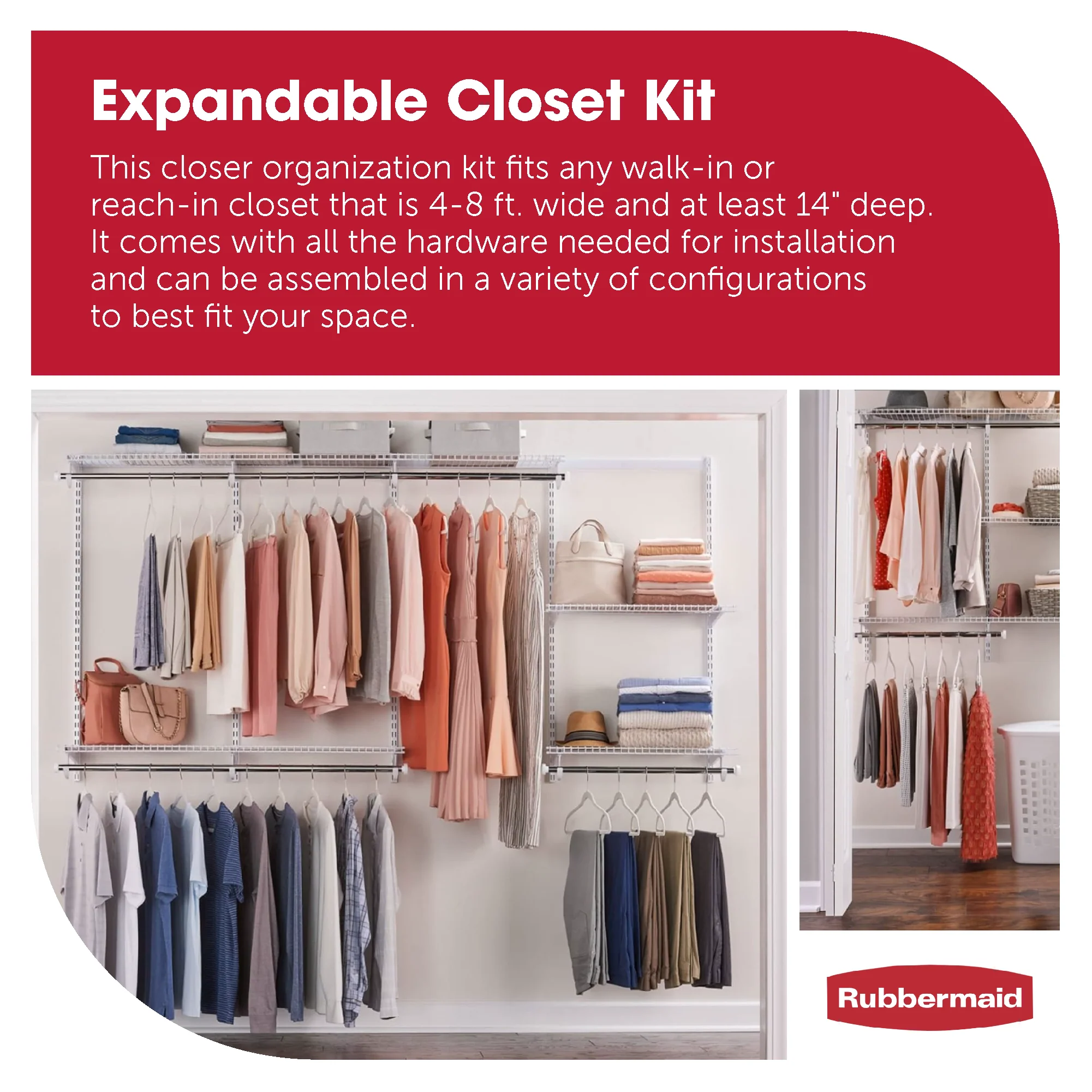 Rubbermaid Configurations 4-8 Feet Custom DIY Closet Organizer Kit, White - Image 2
