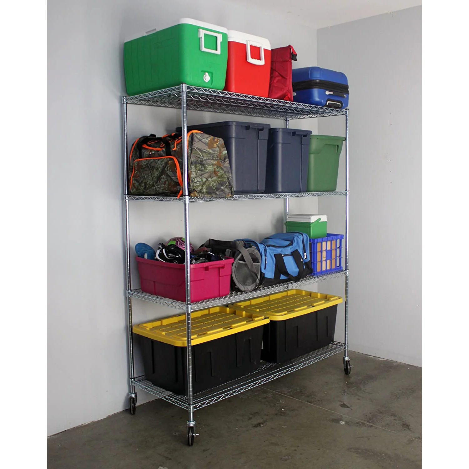 SafeRacks 24 x 60 x 72" 4 Tier Steel Wire Storage Shelving Rack w/Wheels, Silver - Image 10