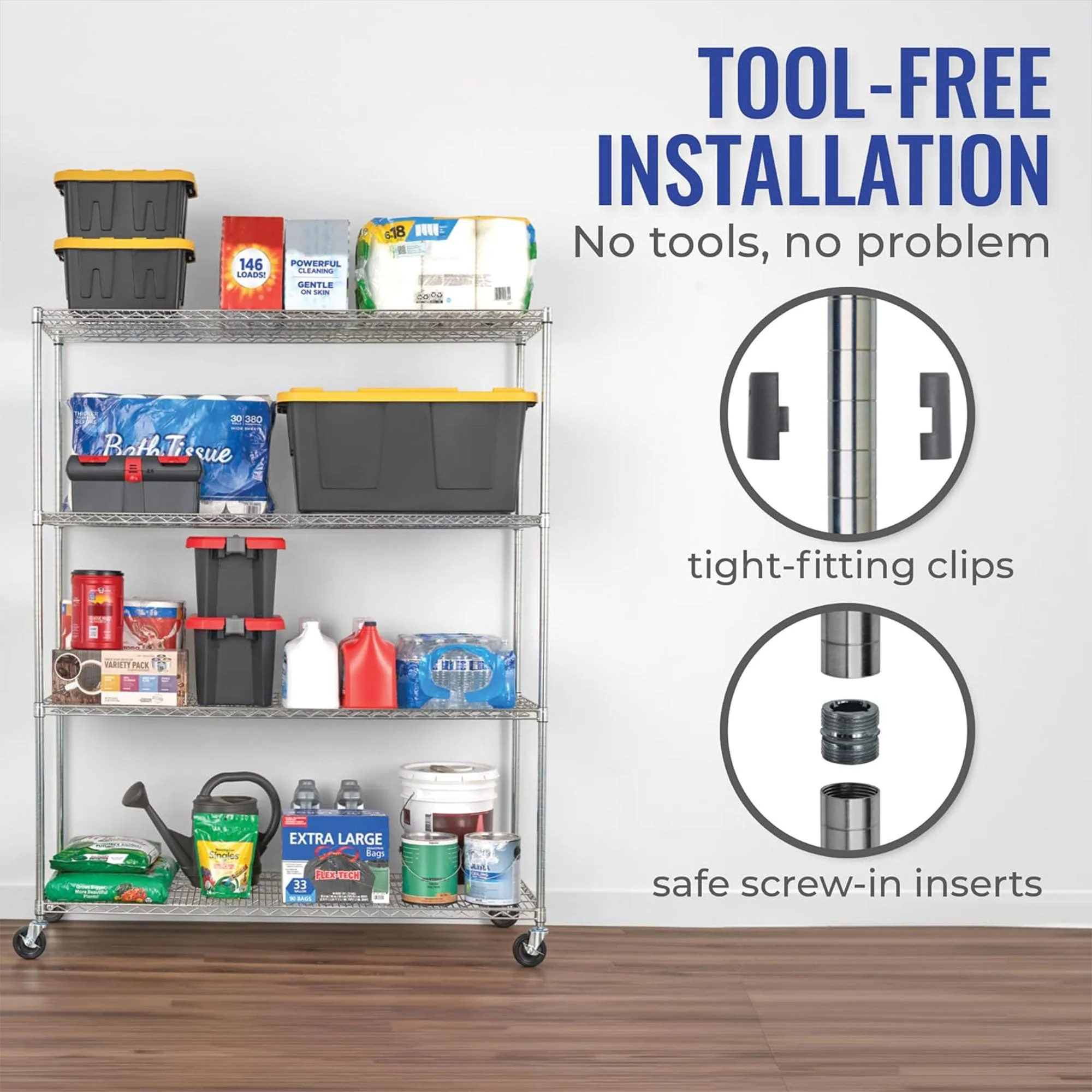 SafeRacks 24 x 60 x 72" 4 Tier Steel Wire Storage Shelving Rack w/Wheels, Silver - Image 4
