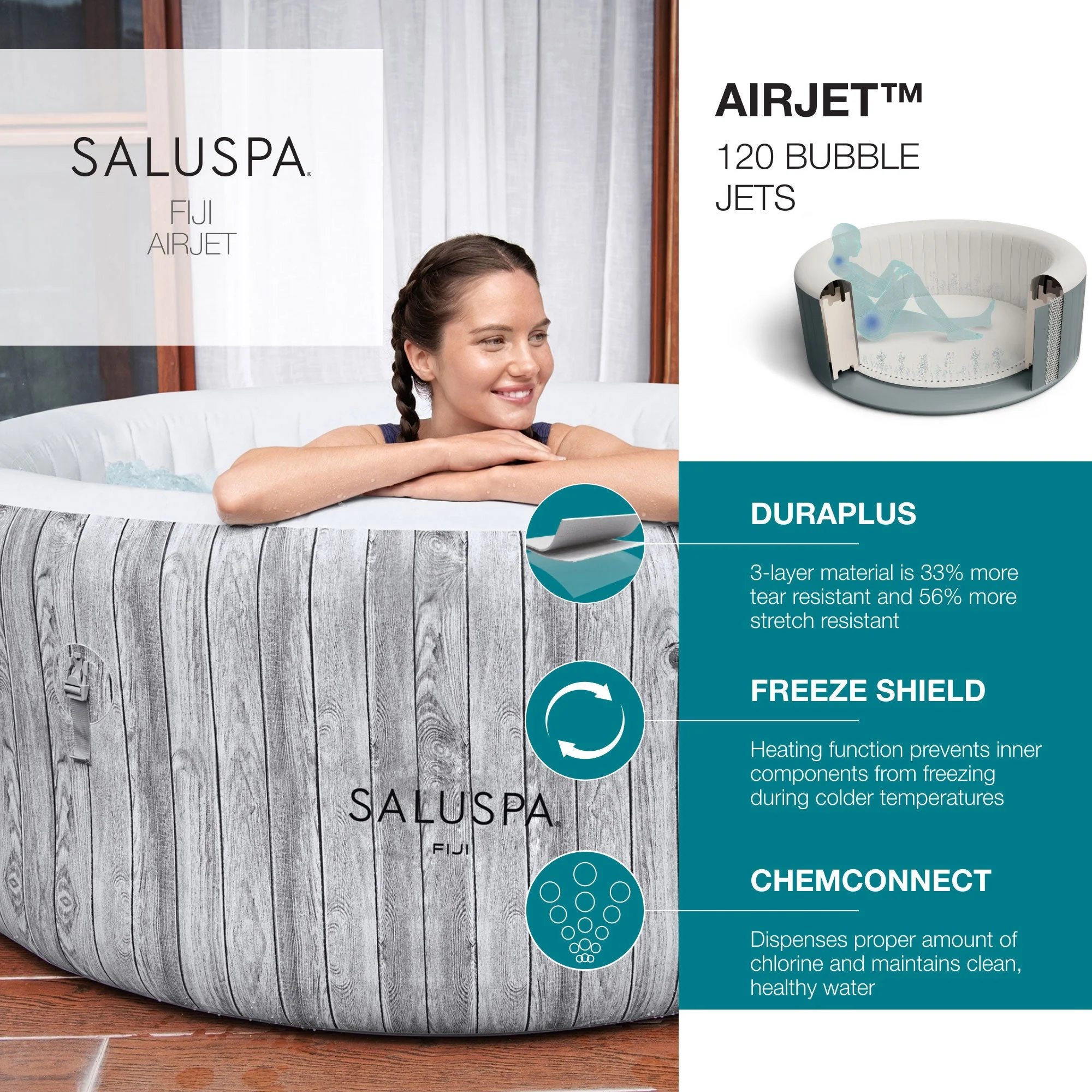 SaluSpa Color LED Spa Waterfall w/Bestway Fiji AirJet Inflatable Hot Tub, Gray - Image 2