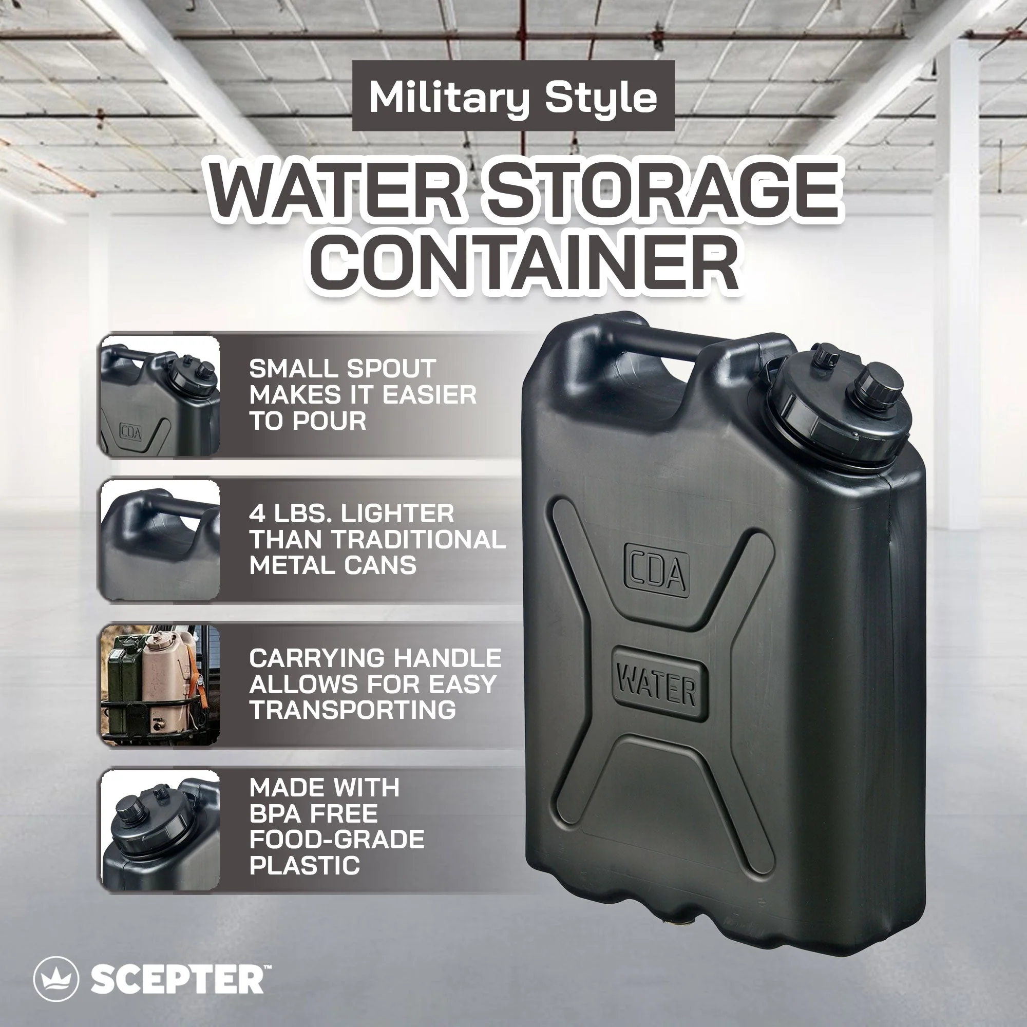 Scepter 5 Gallon Heavy Duty Military Style HDPE Water Container, (4 Pack), Black - Image 4