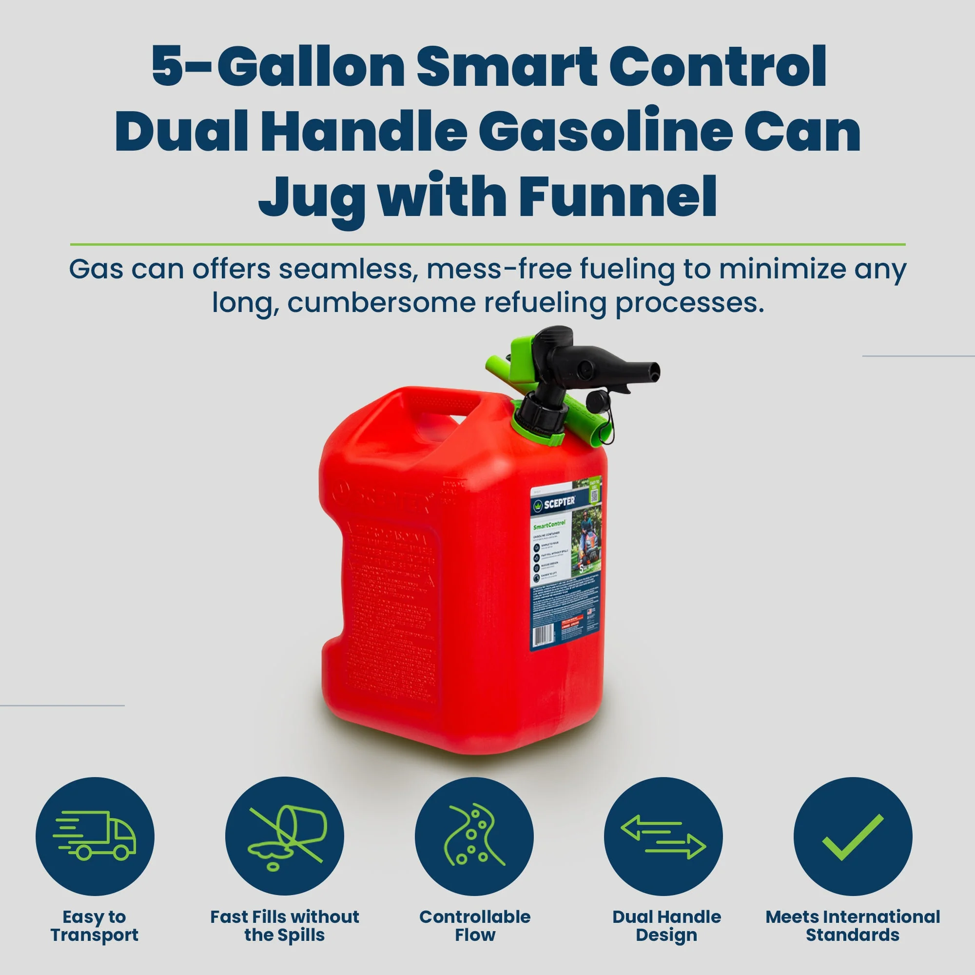 Scepter SmartControl Dual Handle 5 Gal Gasoline Can Jug with Funnel, 2 Pack, Red - Image 4