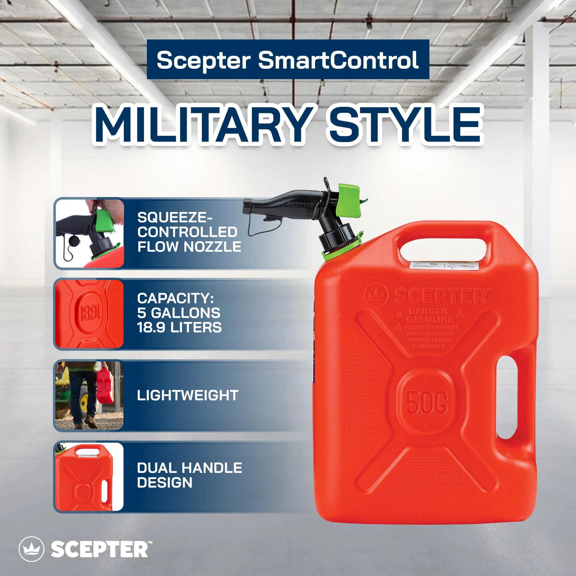 Scepter SmartControl Dual Handle Gasoline Can Container Jug, 5 Gal/18.9L, Red - Image 2