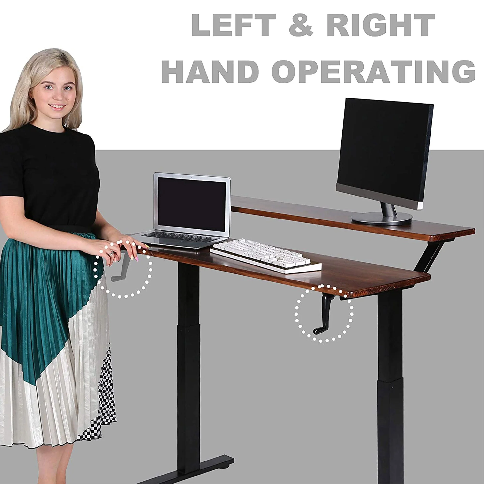 SDADI Adjustable Height Steel Frame 2 Tier Standing Desk w/ Crank, Light Grain - Image 3