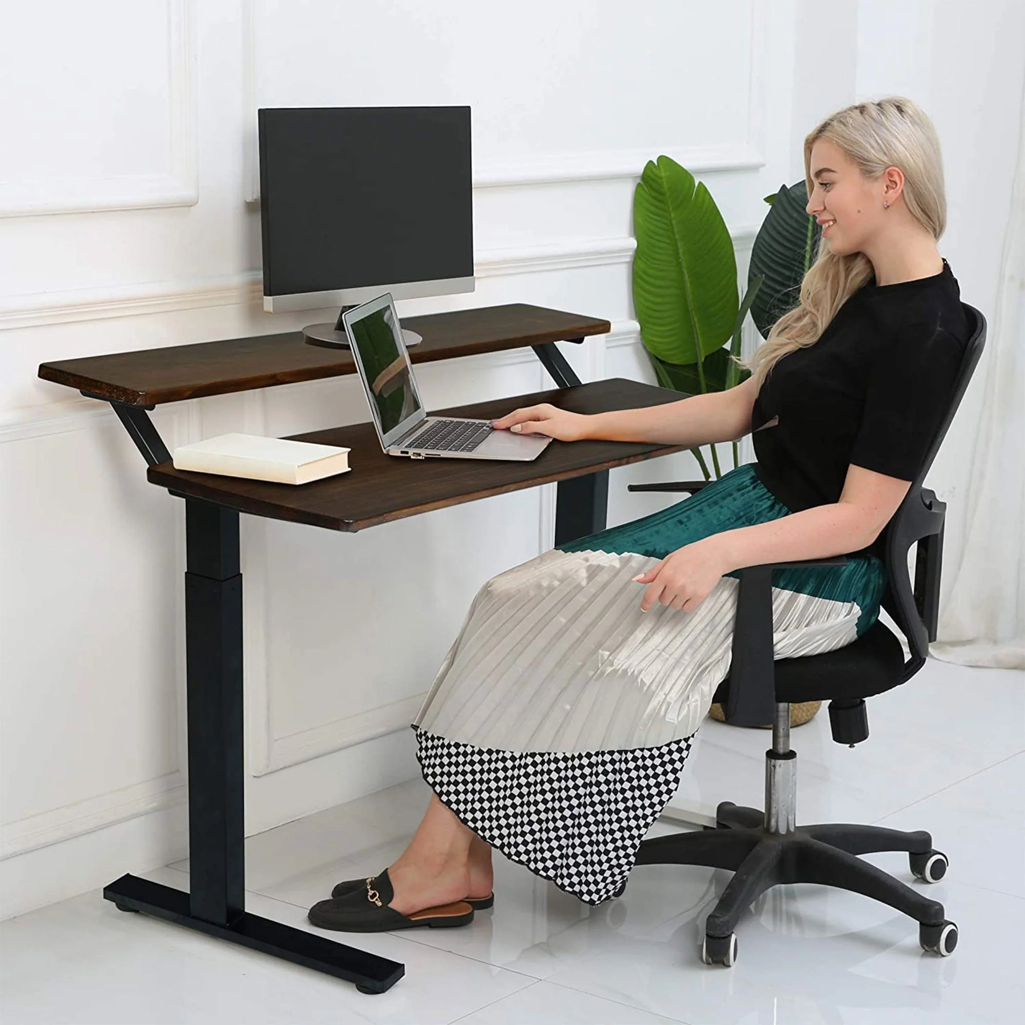 SDADI Adjustable Height Steel Frame 2 Tier Standing Desk w/ Crank, Light Grain - Image 7