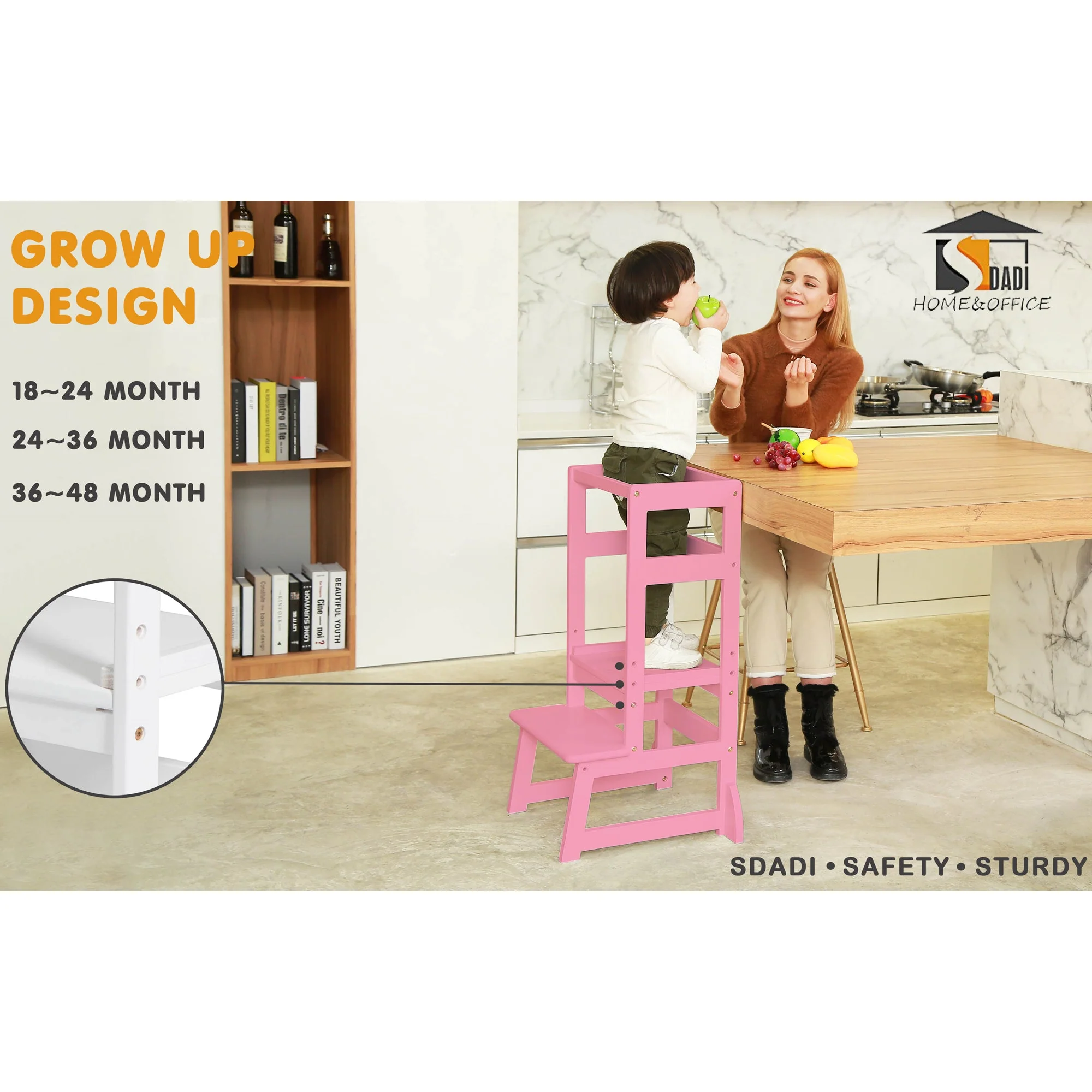 SDADI LT05E Mother's Helper Adjustable Height Kids Kitchen Step Stool, Pink - Image 7