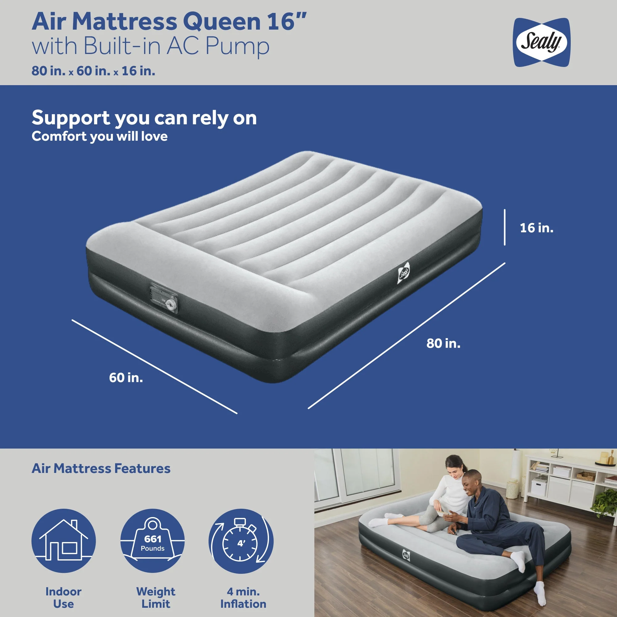 Sealy Tritech Queen Sized 16" Air Mattress Bed 2 Person w/Built-In AC Pump & Bag - Image 2