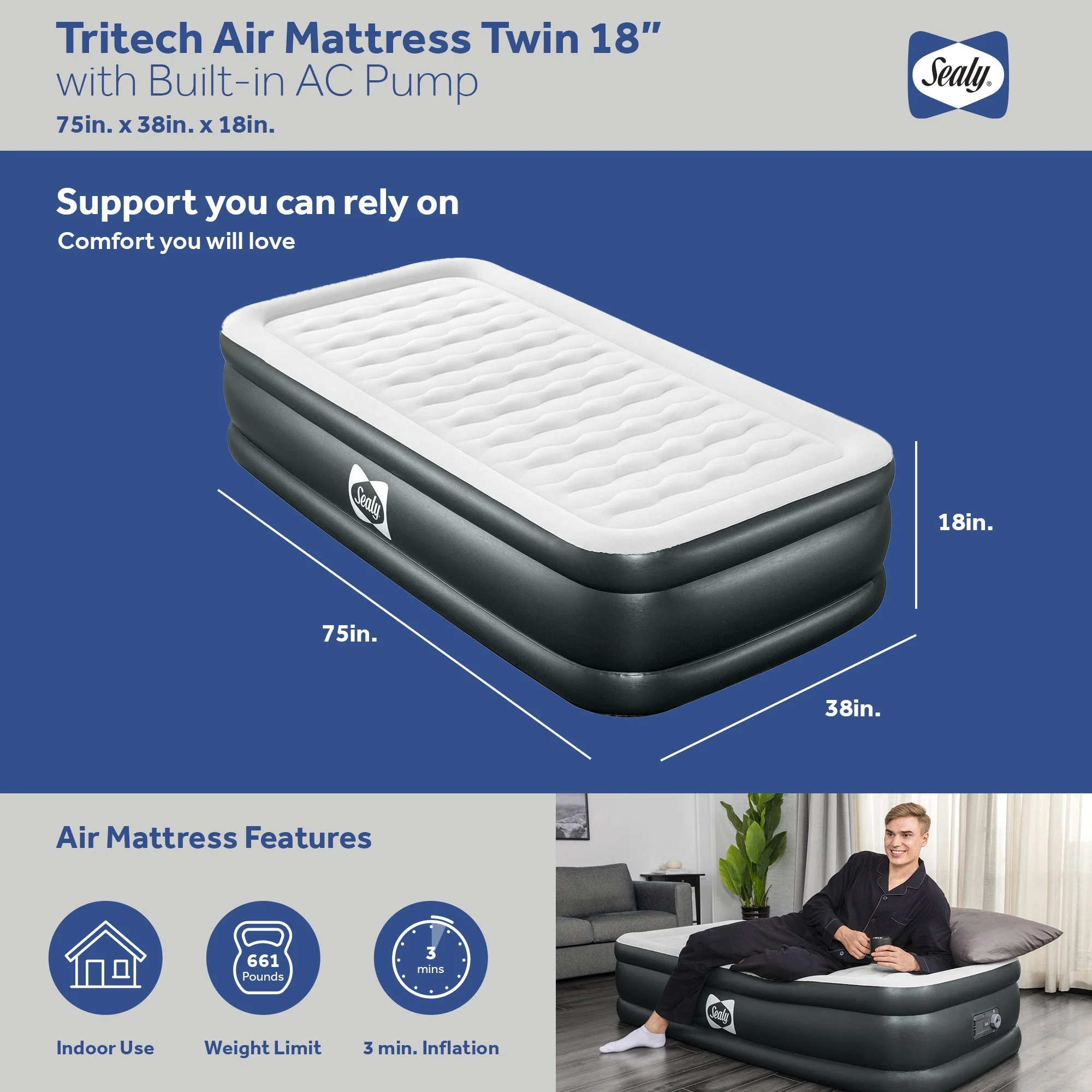 Sealy Tritech Twin Sized 18" Air Mattress Bed 2 Person w/Built-In AC Pump & Bag - Image 2