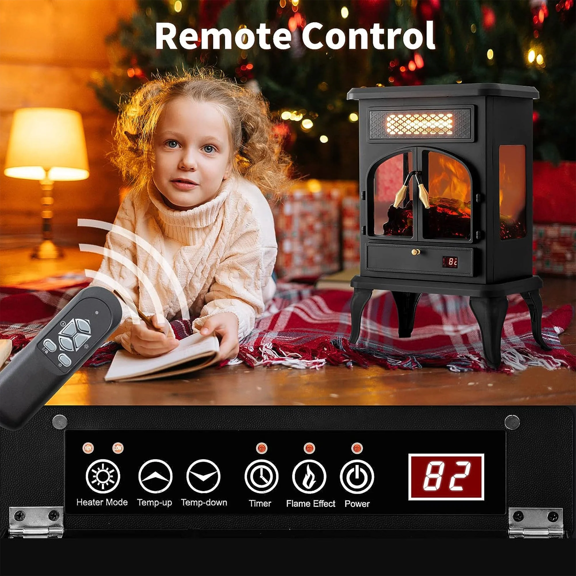 selectric Freestanding Portable Electric Fireplace Heater w/ Remote, Dark Black - Image 11