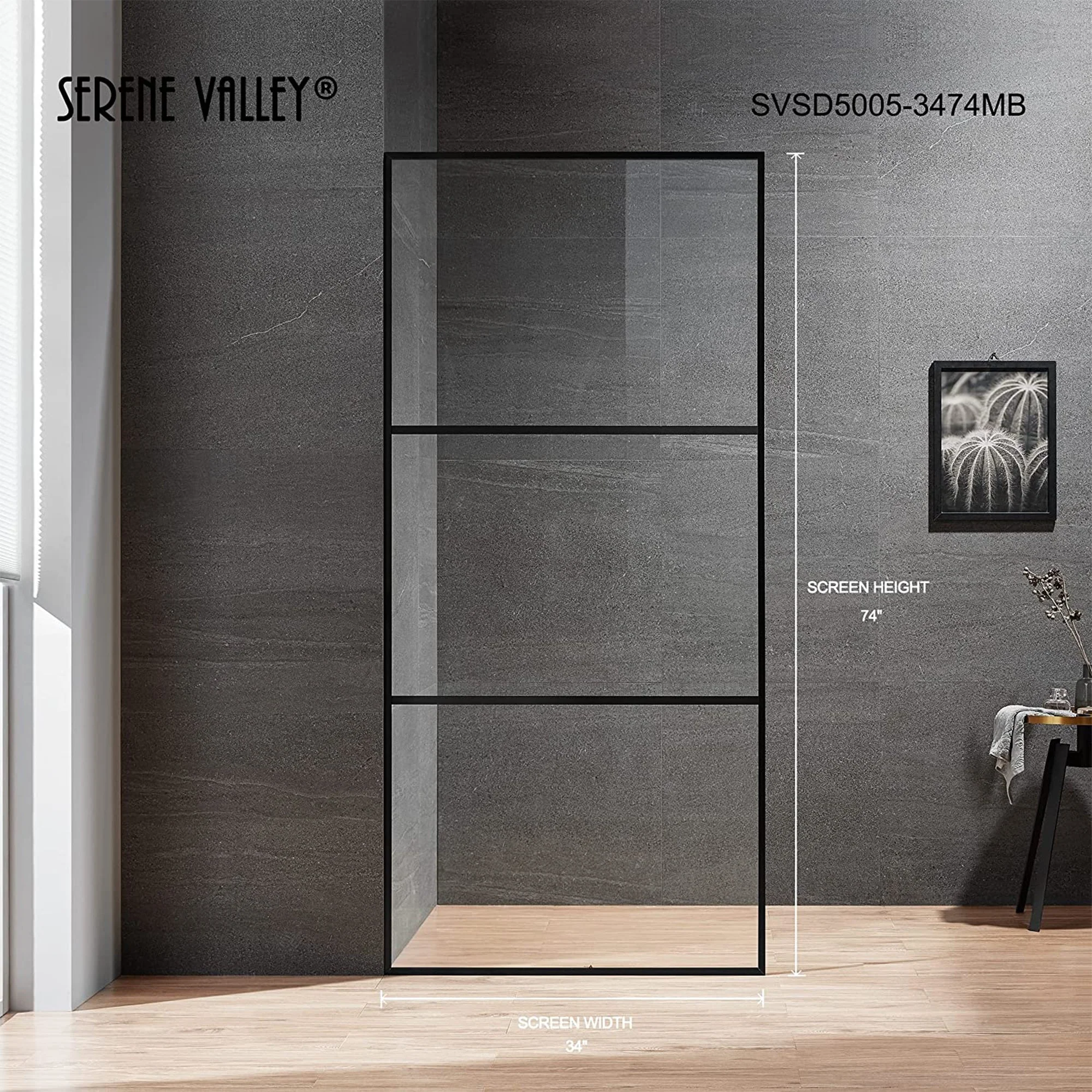 Serene Valley 34 x 72 Inch Tempered Glass Stand Alone Shower Screen, Matte Black - Image 7