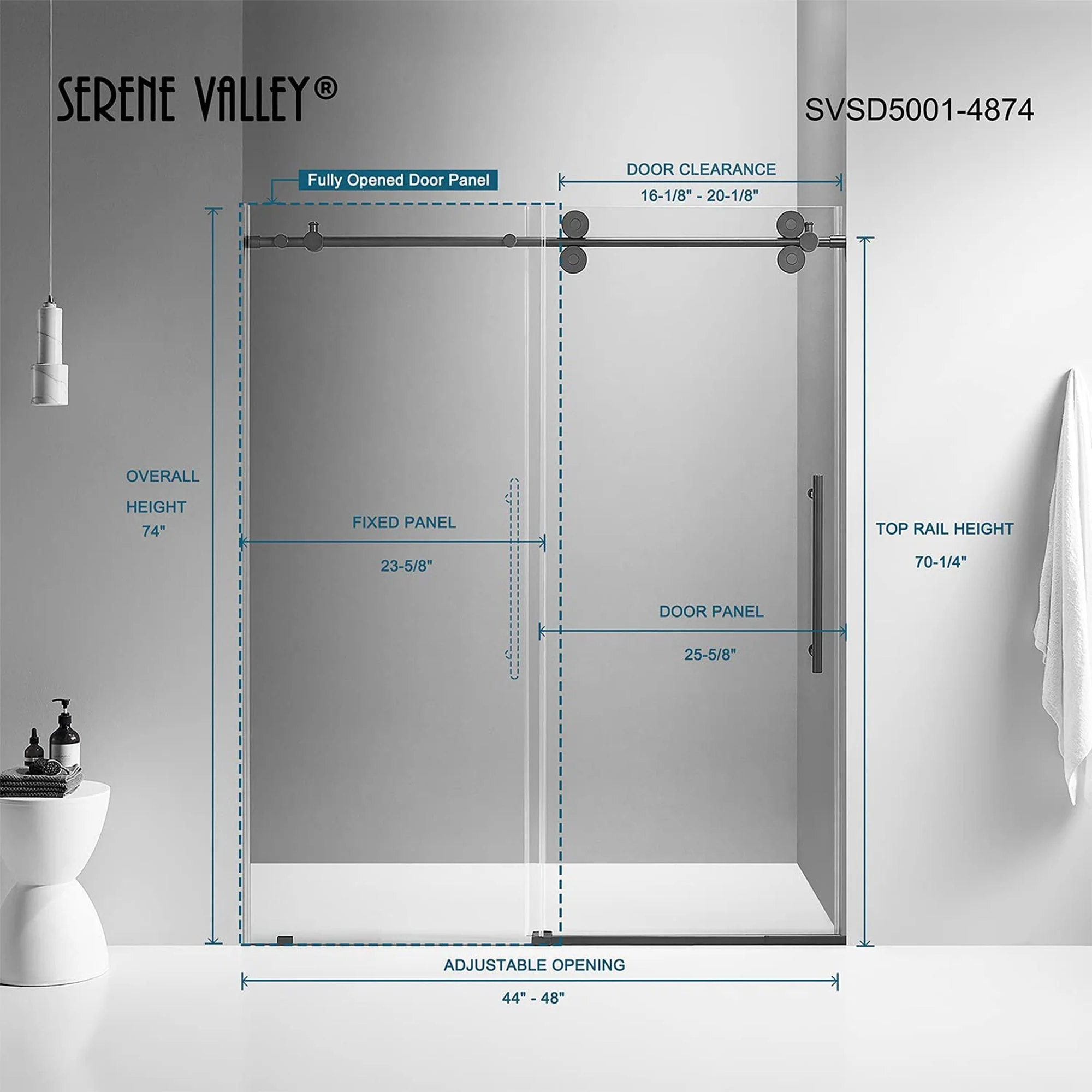 Serene Valley 52 x 74 Inch Big Roller Frameless Sliding Shower Door, Matte Black - Image 8