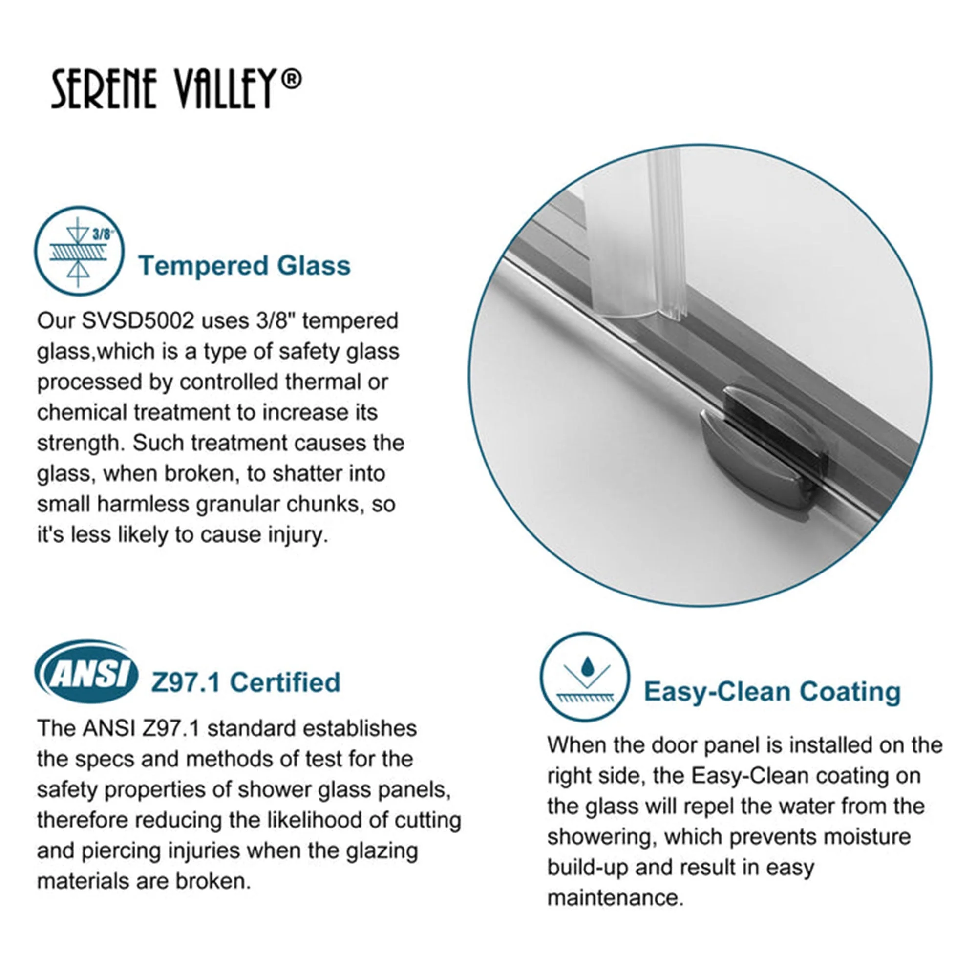 Serene Valley 60 x 66 Inch Square Rail Frameless Sliding Shower Door, Chrome - Image 5