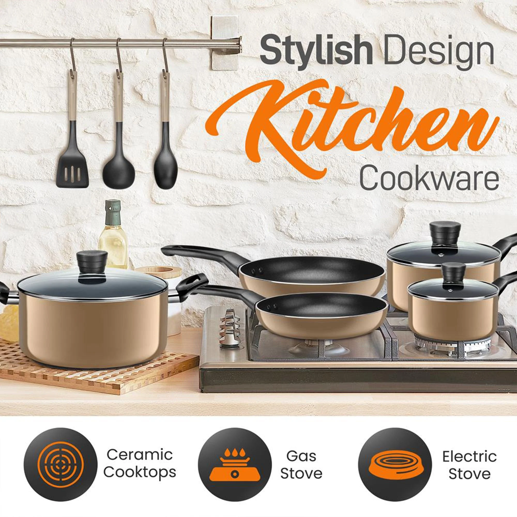 SereneLife 11 Piece Pots and Pans Non Stick Chef Kitchenware Cookware Set, Gold - Image 6