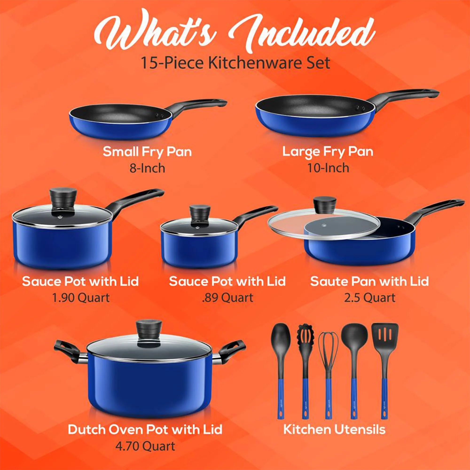 SereneLife 15 Piece Pots and Pans Non Stick Chef Kitchenware Cookware Set, Blue - Image 2