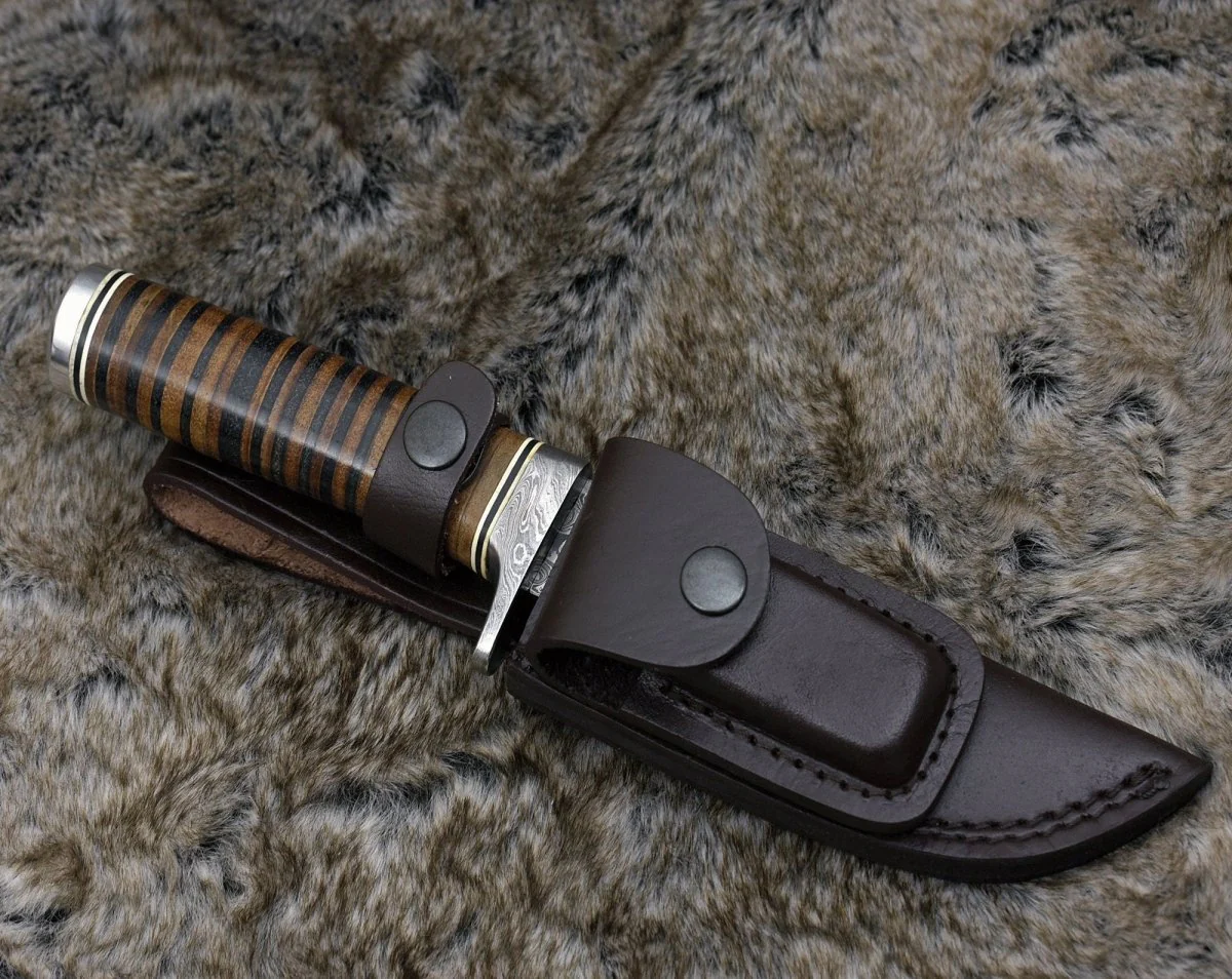 Serenity Damascus Hunting Knife with Stacked Leather Handle - Image 4
