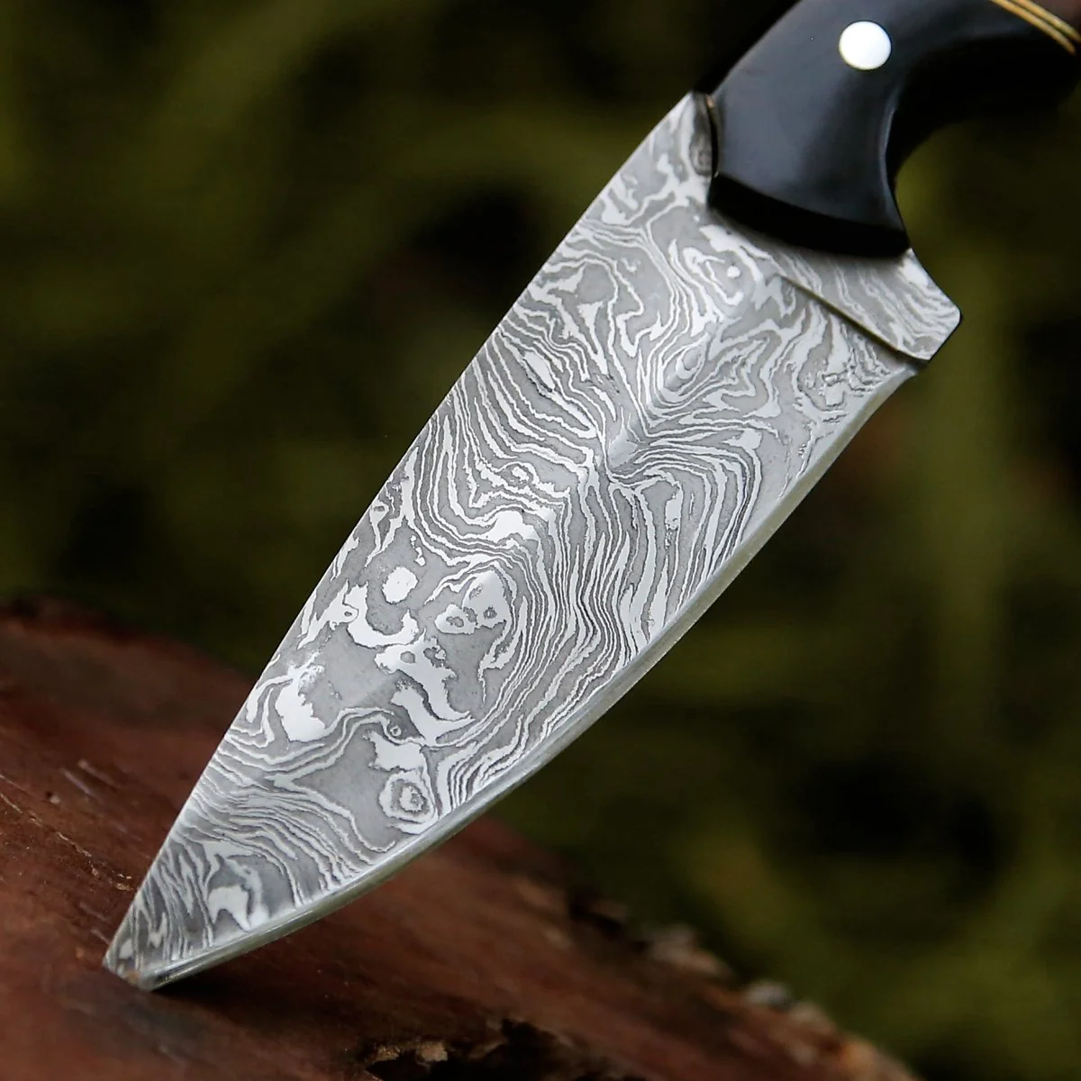 Shadow Damascus Knife with Horn & Exotic Rose Wood Handle - Image 2