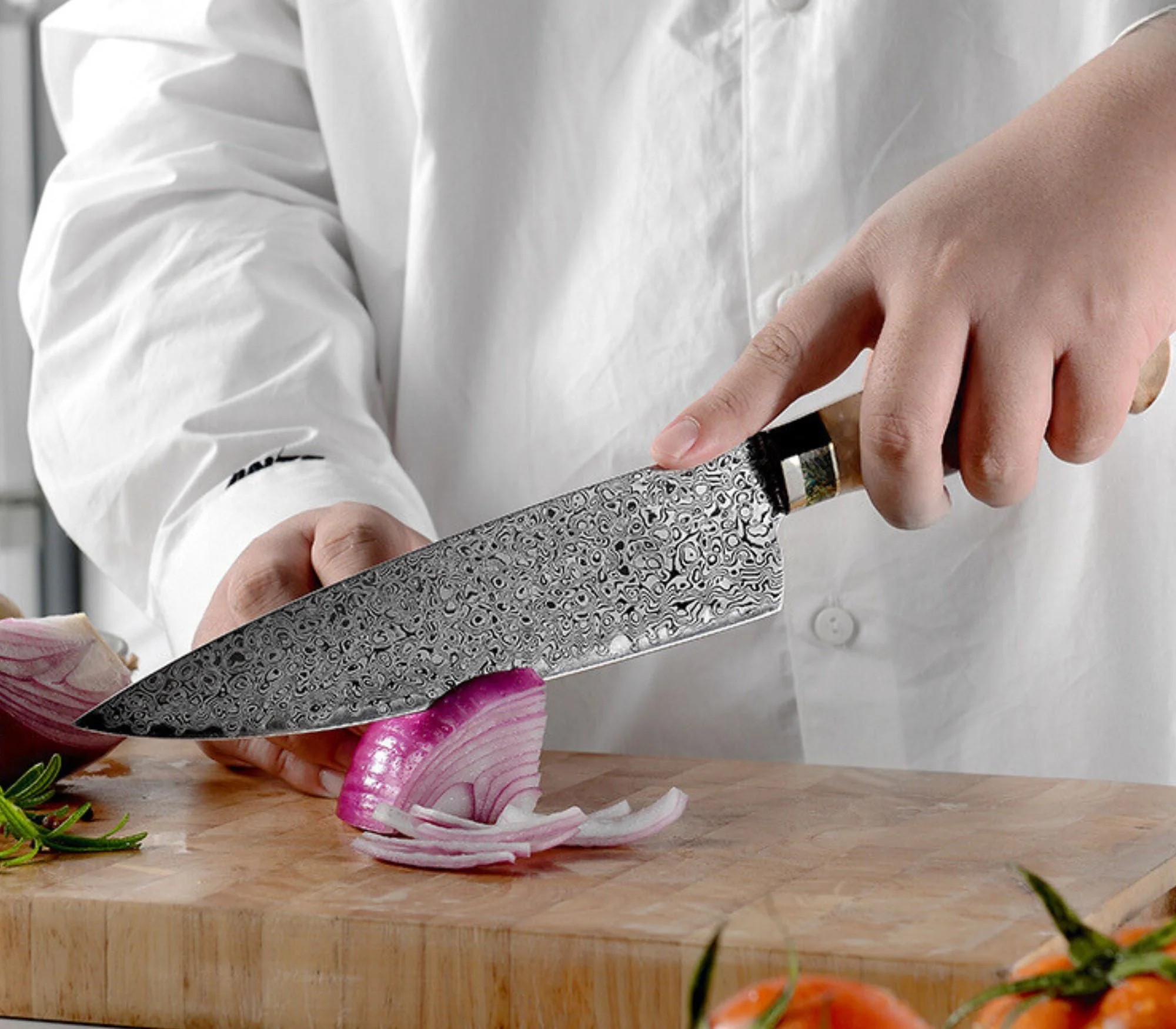 Shinobi VG10 Damascus Chef Knife with Olive Wood Handle - Image 6