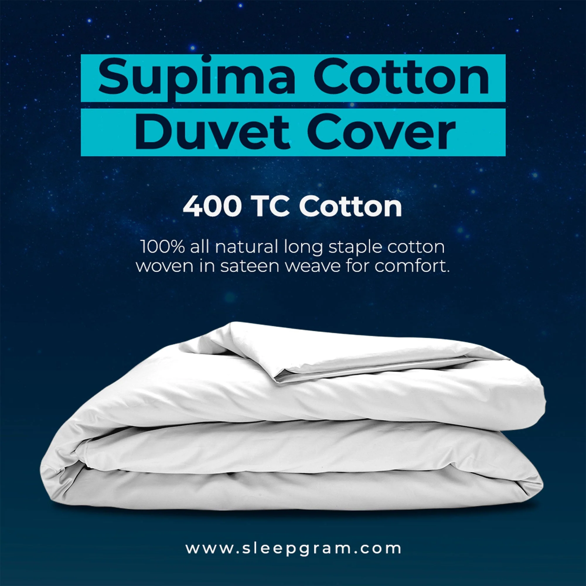 Sleepgram Supima 400 Thread Count Cotton Duvet Cover and Travel Bag, King, White - Image 2