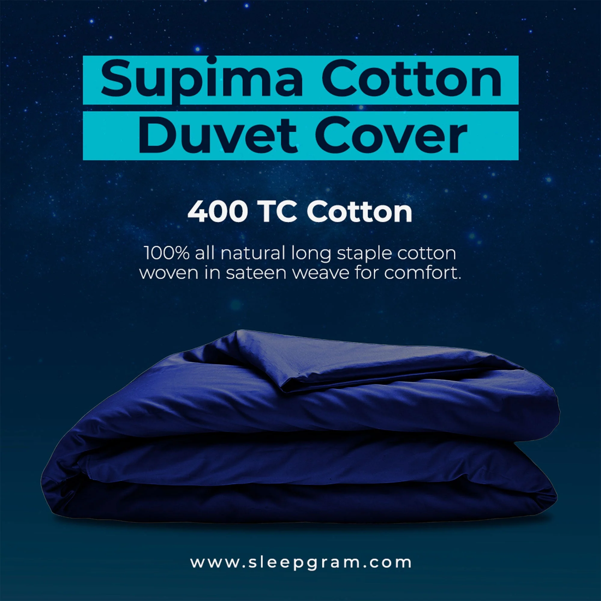Sleepgram Supima 400 Thread Count Cotton Duvet Cover with Travel Bag, King, Blue - Image 2