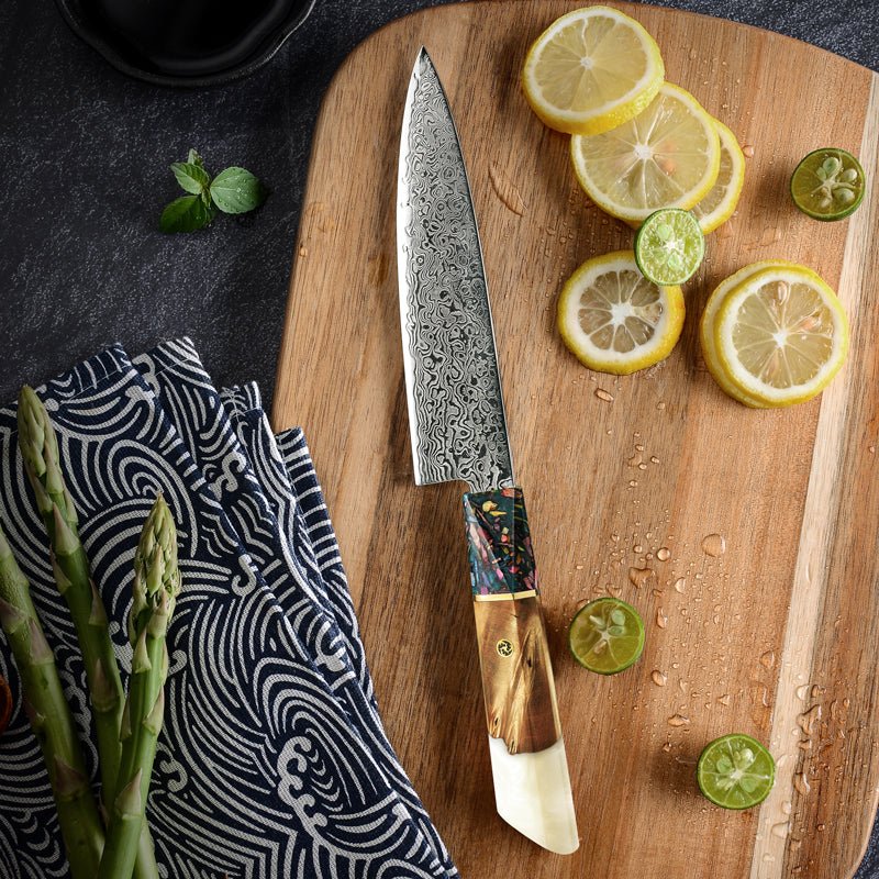 Solace VG10 Damascus Petty Knife with Exotic Olive Wood Handle - Image 2