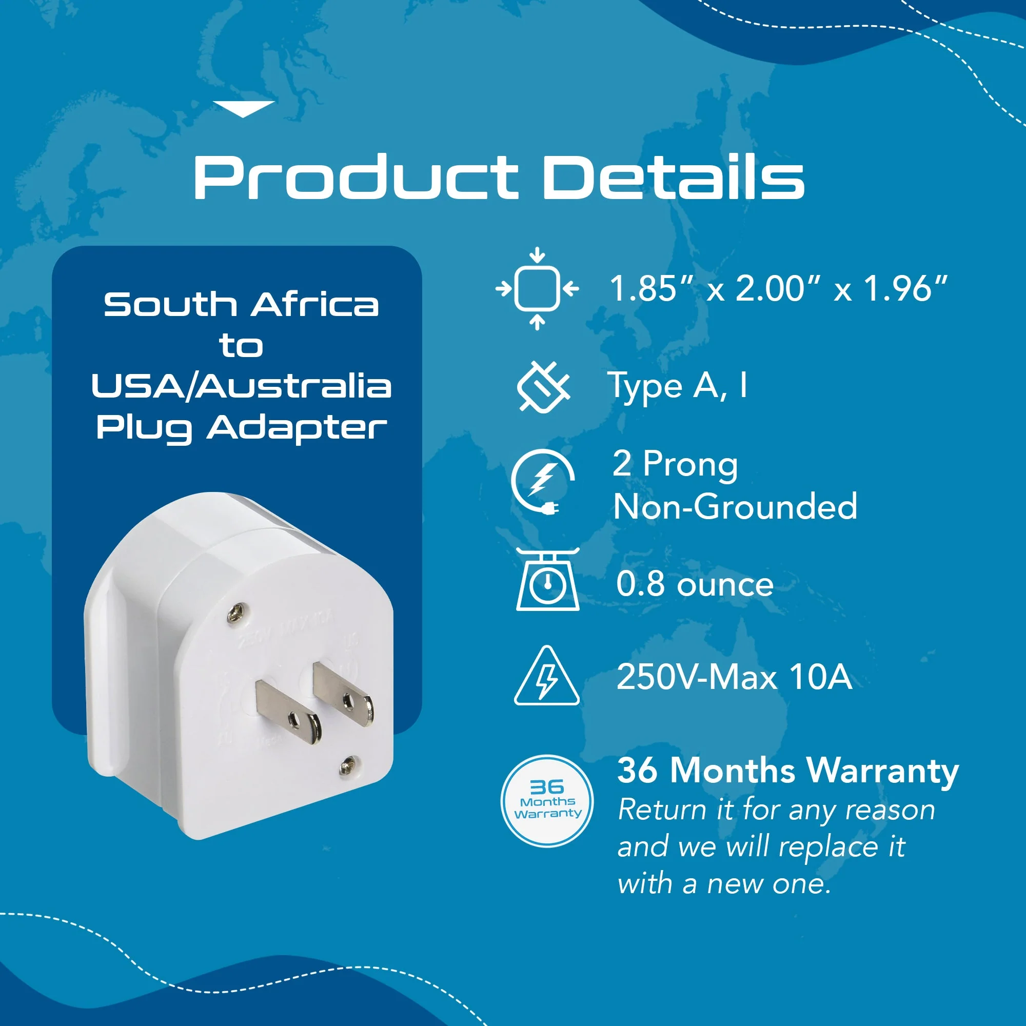South Africa to USA/Australia - Type A, I - Travel Plug Adapter - Non-Grounded (SA-US-AU) - Image 5