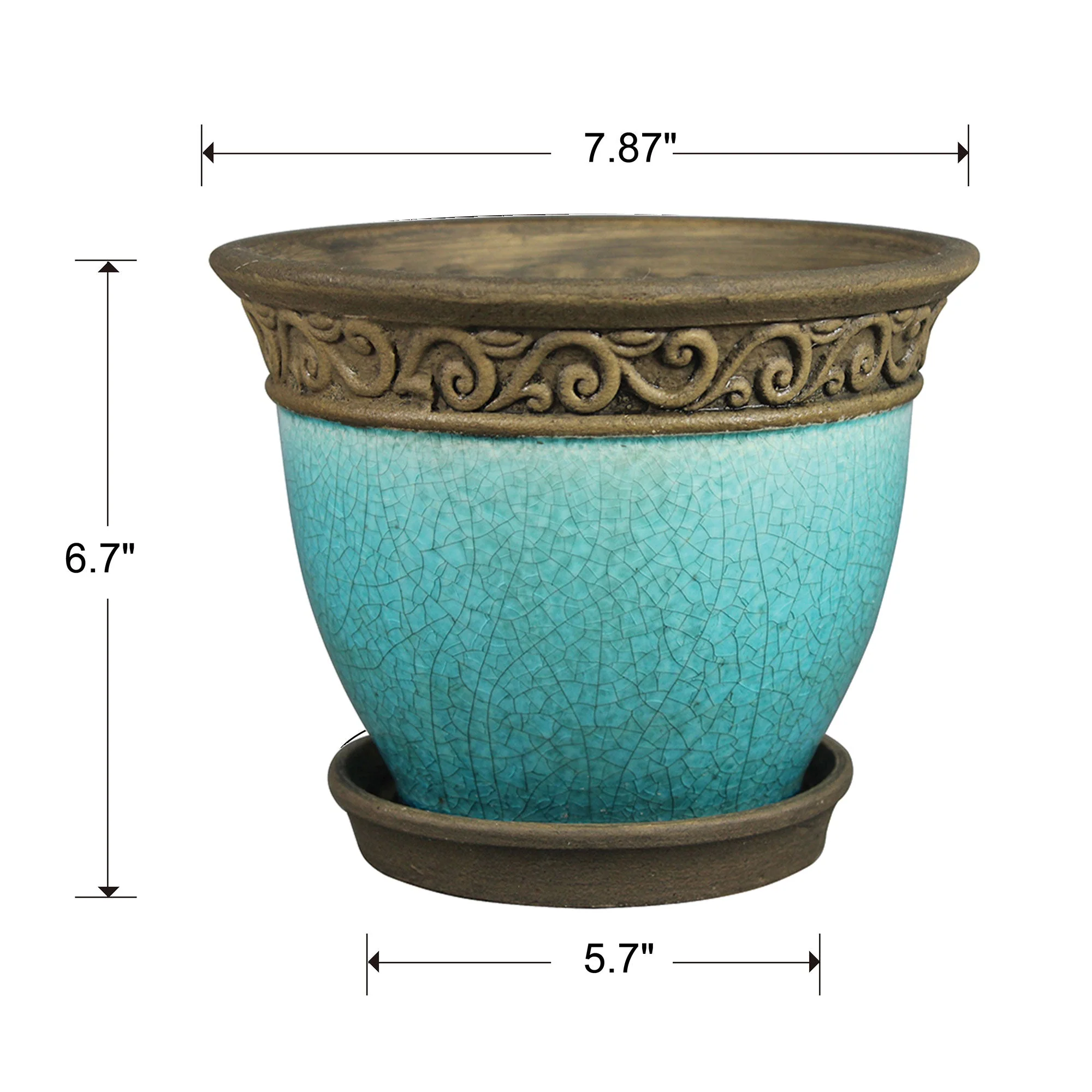 Southern Patio Cadiz 8" Crackled Ceramic Planter Pot with Saucer, Teal (3 Pack) - Image 6