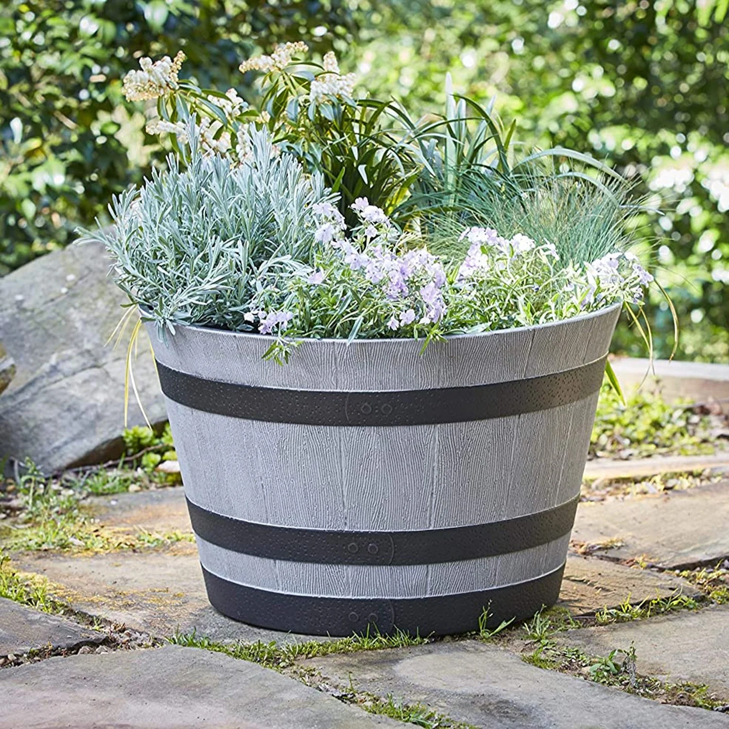 Southern Patio HDR-055457 Resin Whiskey Barrel Garden Planter Pot, Gray (2 Pack) - Image 3