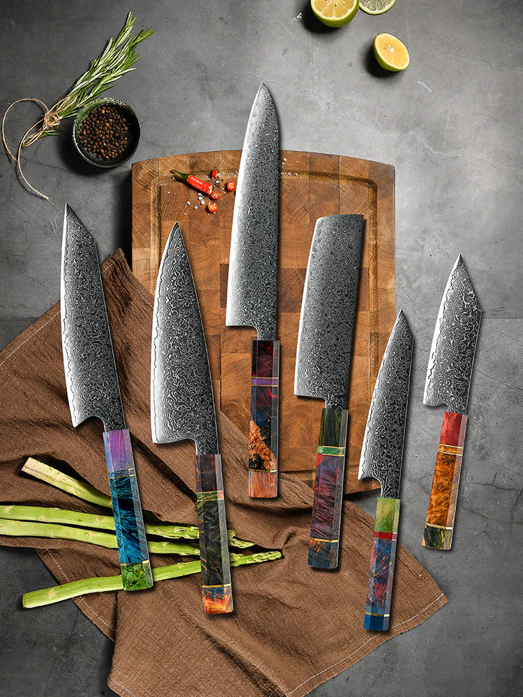 Spectrum VG10 Damascus Knife Set – Tie-Dye Stained Olive Burl - Image 2