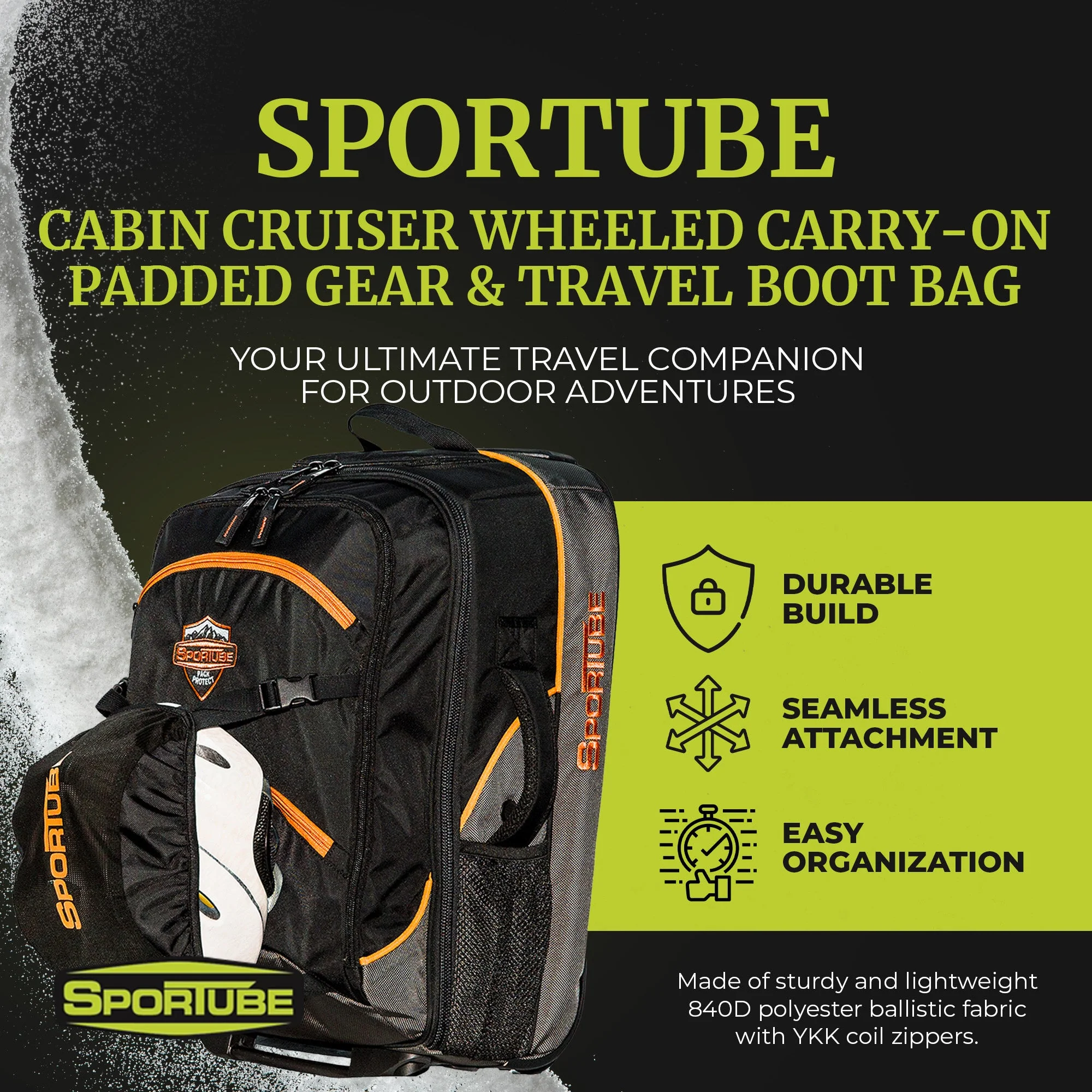 Sportube Cabin Cruiser Wheeled Carry On Padded Gear & Travel Boot Bag, Orange - Image 2