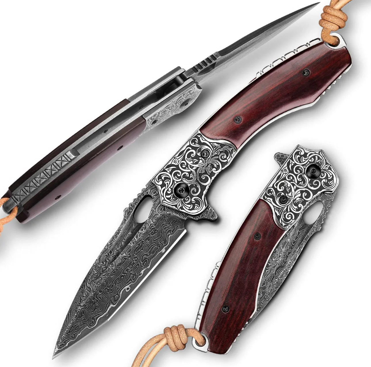 Starchaser Damascus Pocket Knife – Exotic Sandalwood Handle