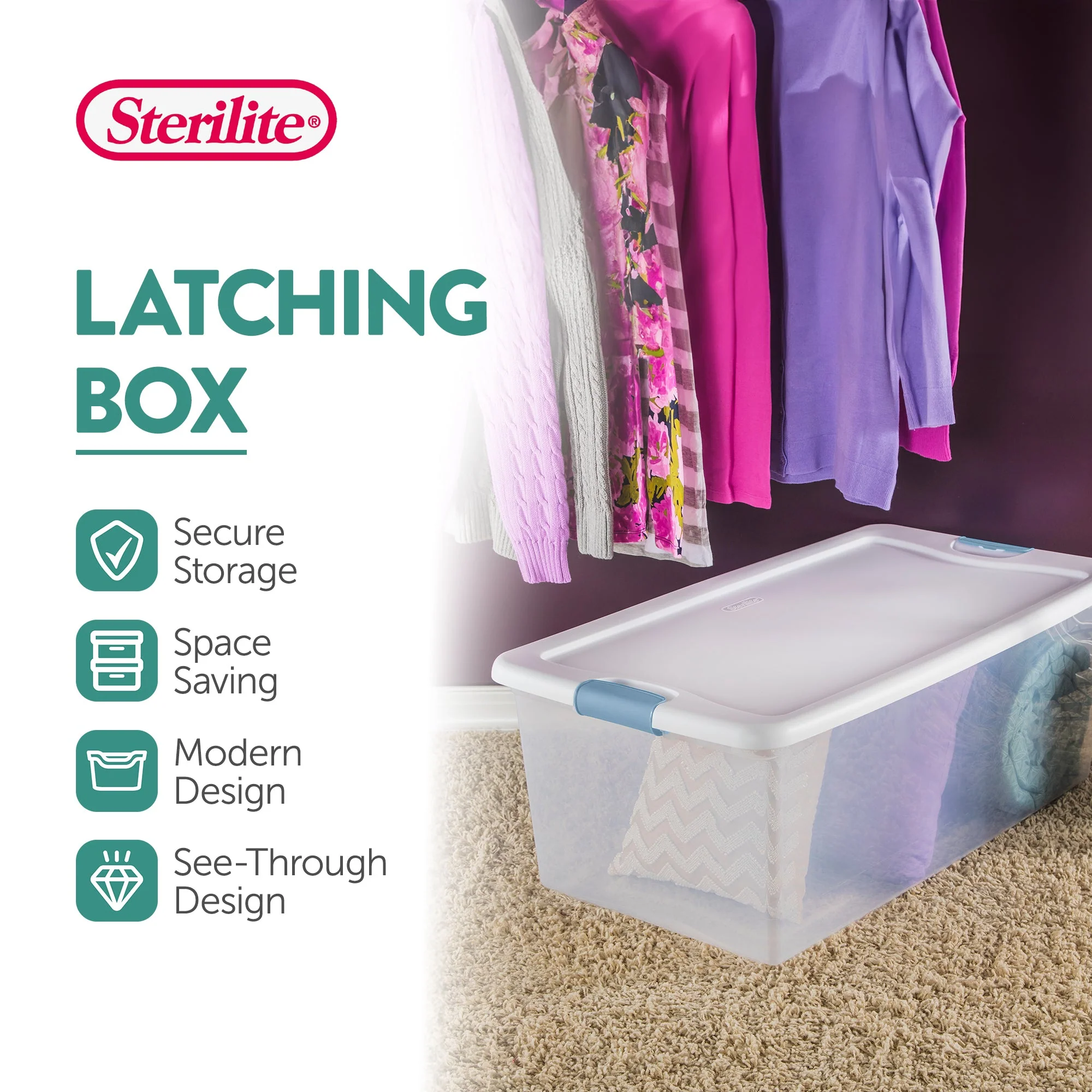 Sterilite 106 Qt Clear Plastic Stackable Storage Bin w/ White Latch Lid, 12 Pack - Image 3