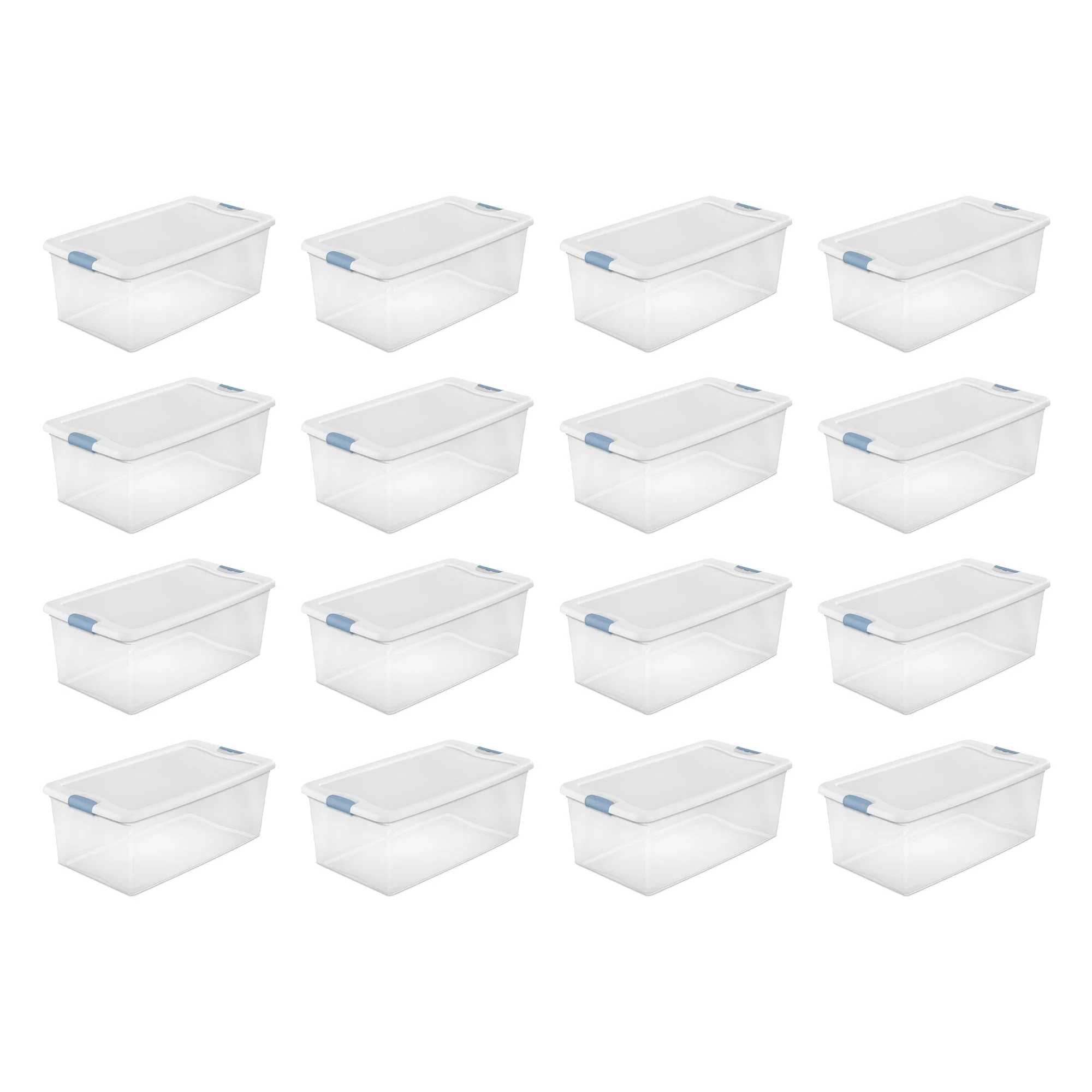 Sterilite 106 Qt Clear Plastic Stackable Storage Bin w/ White Latch Lid, 16 Pack - Image 11