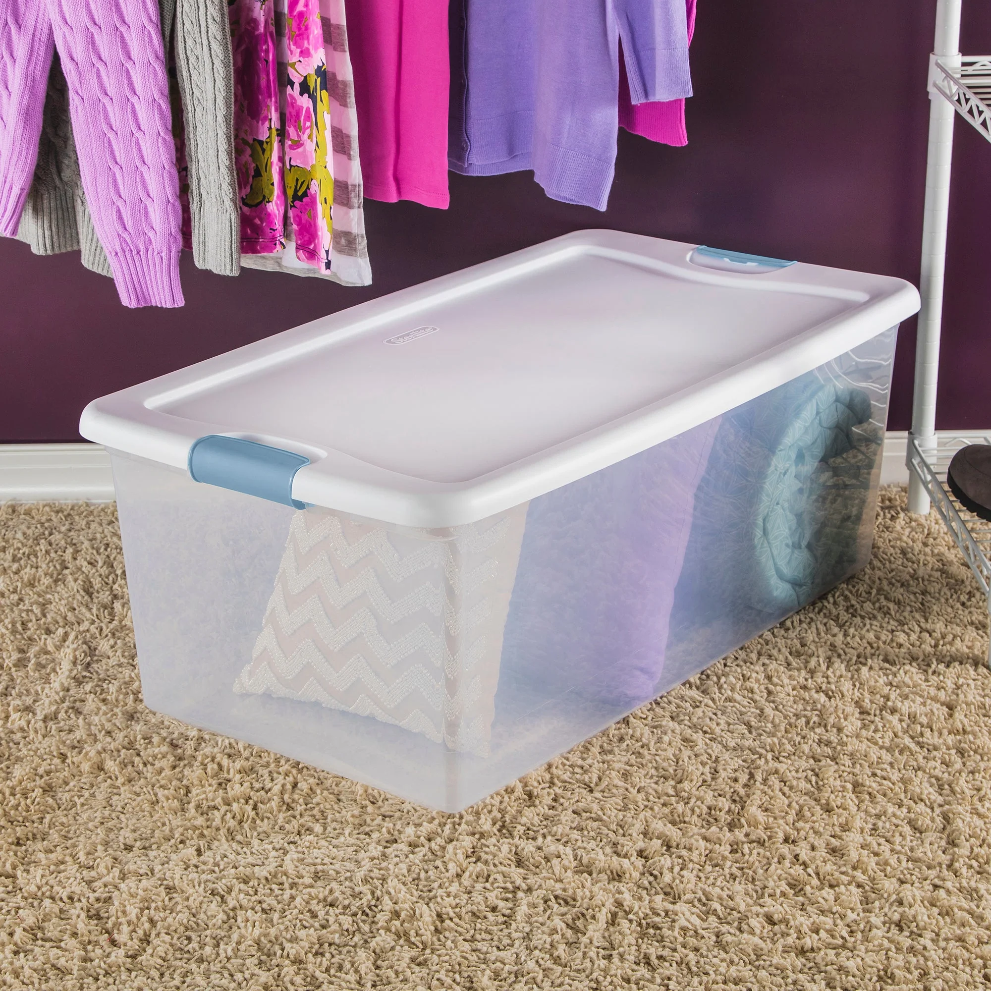 Sterilite 106 Qt Clear Plastic Stackable Storage Bin w/ White Latch Lid, 20 Pack - Image 5