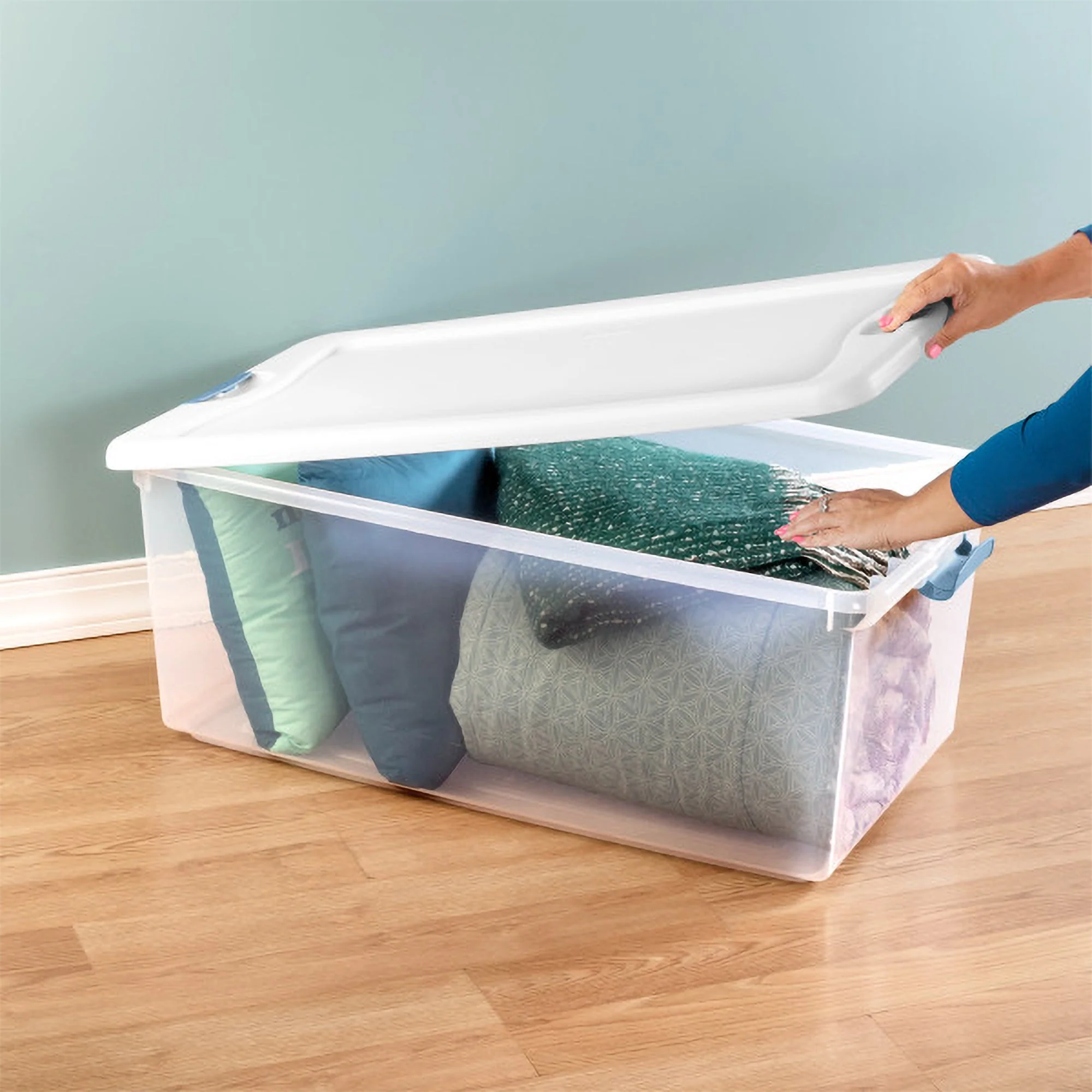 Sterilite 106 Qt Clear Plastic Stackable Storage Bin w/ White Latch Lid, 4 Pack - Image 6