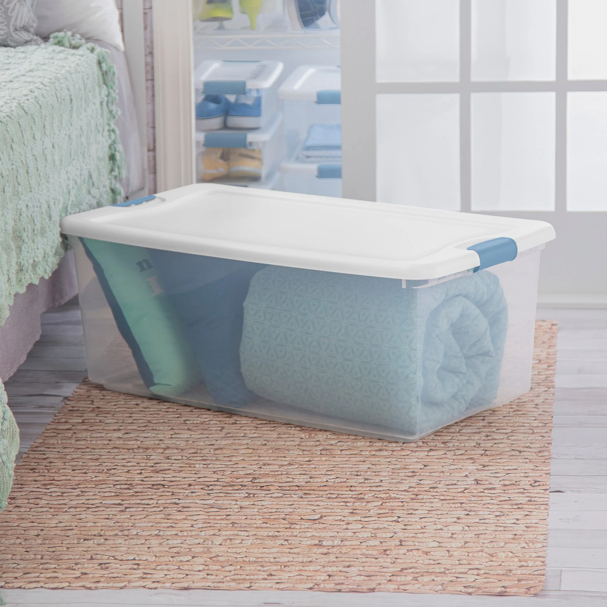 Sterilite 106 Qt Clear Plastic Stackable Storage Bin w/ White Latch Lid, 8 Pack - Image 7