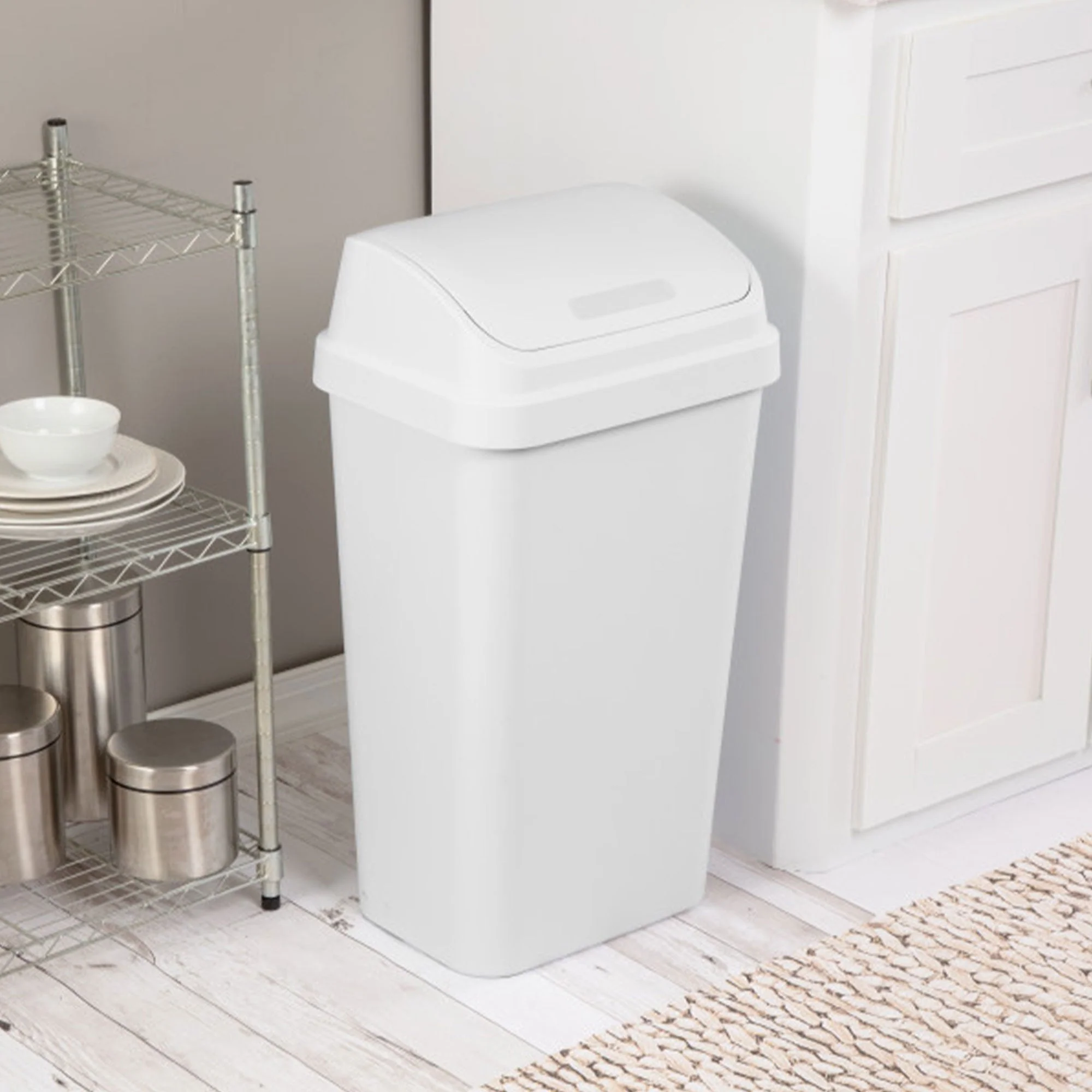 Sterilite 13 Gal Swing Top Lidded Wastebasket Kitchen Trash Can, White (4 Pack) - Image 3