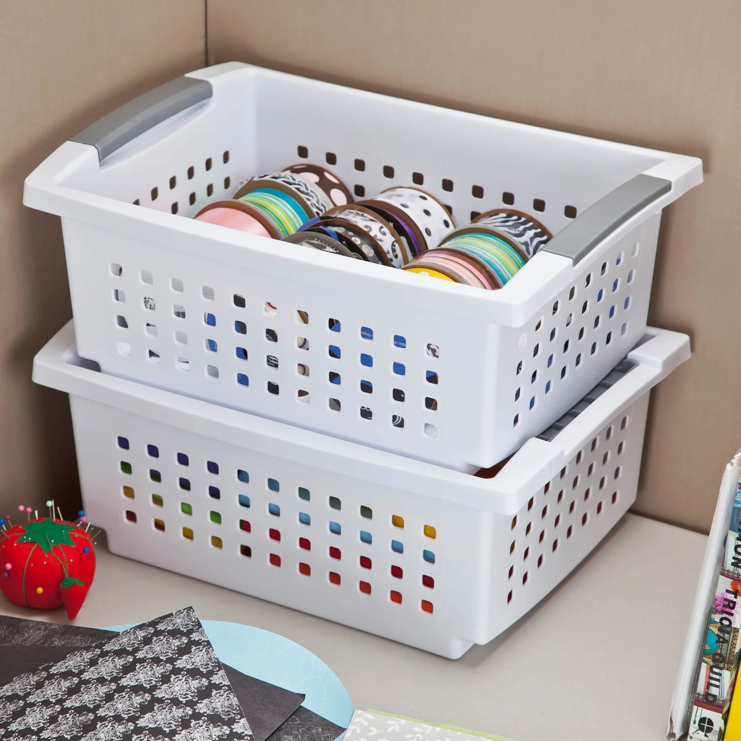 Sterilite 16608006 Small White Stacking Basket with Titanium Accents, 6-Pack - Image 5