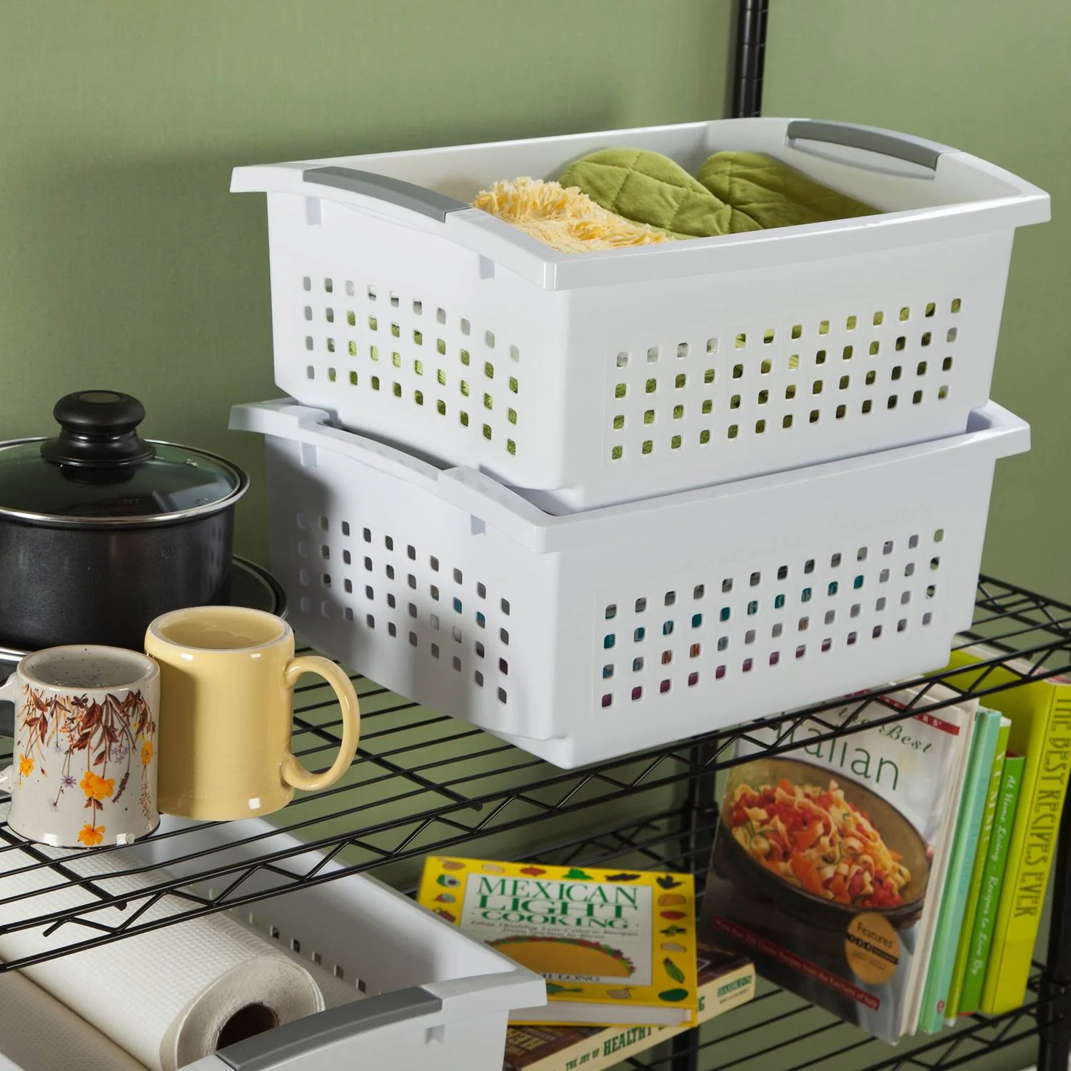 Sterilite 16608006 Small White Stacking Basket with Titanium Accents, 6-Pack - Image 6