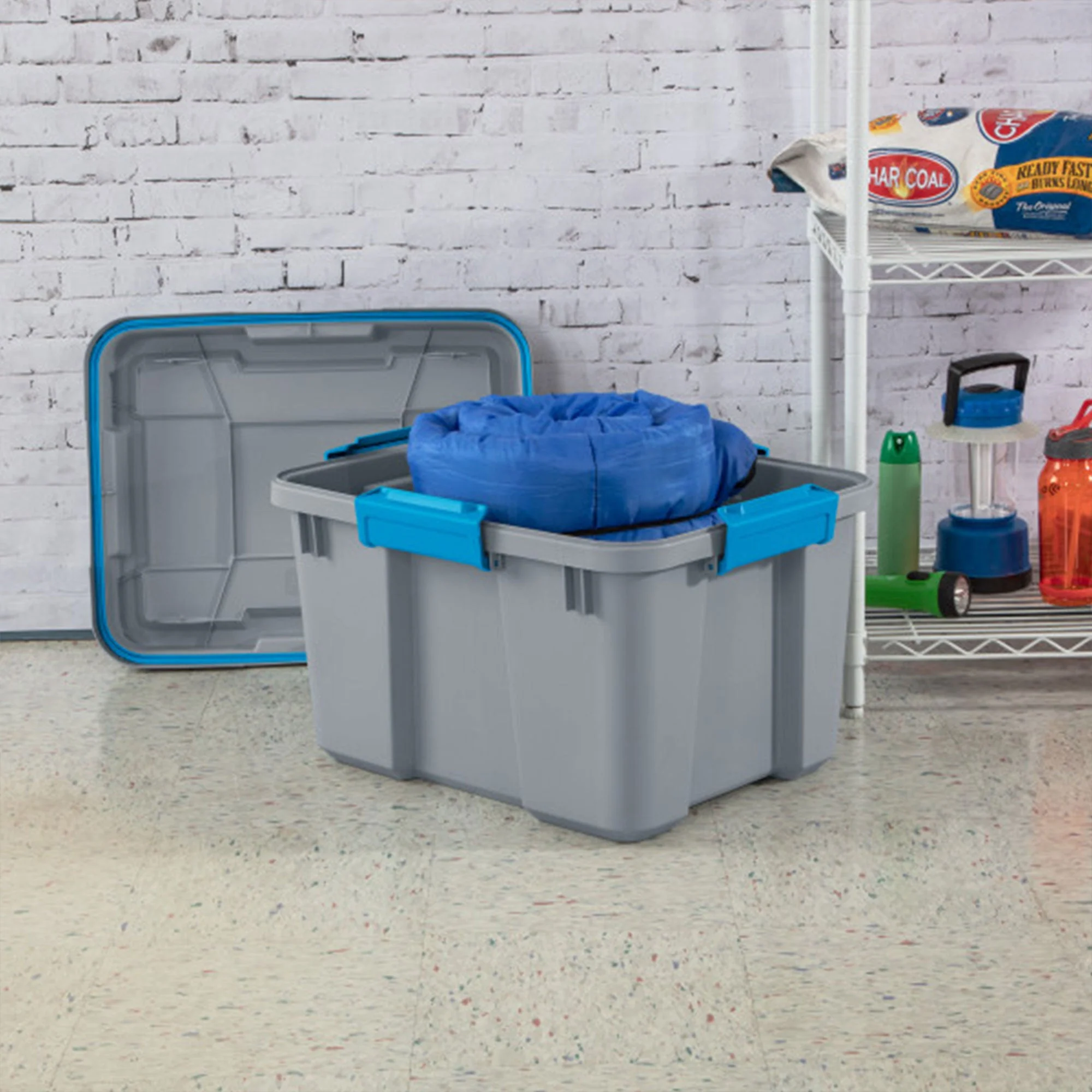 Sterilite 20 Gallon Plastic Home Storage Container Tote Box, Gray/Blue (12 Pack) - Image 5