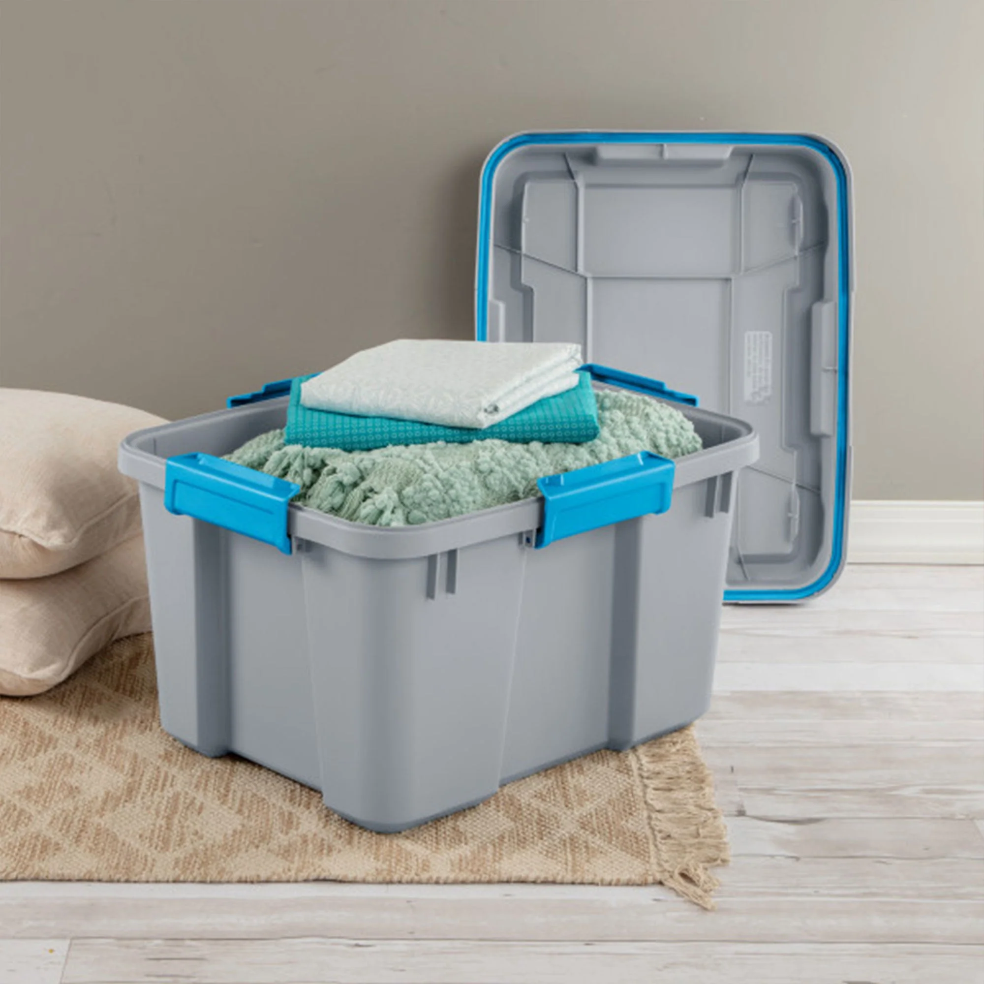 Sterilite 20 Gallon Plastic Home Storage Container Tote Box, Gray/Blue, (4 Pack) - Image 4