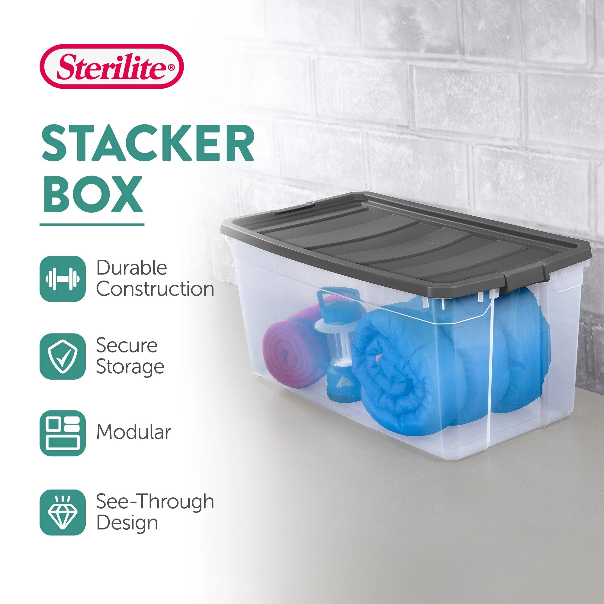 Sterilite 200 Quart Clear Stackable Latching Storage Box Container, Grey, 9 Pack - Image 3