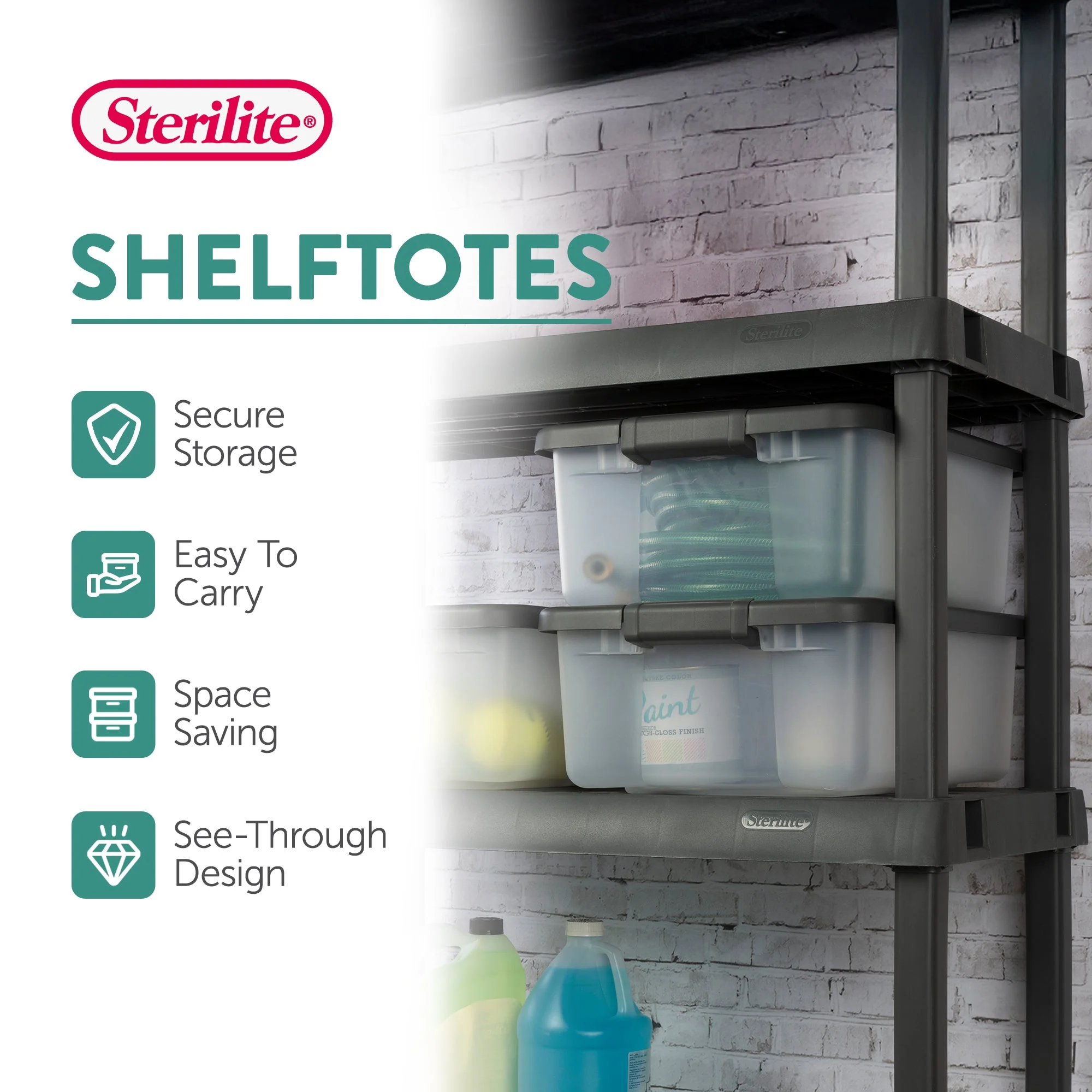 Sterilite 25 Quart ShelfTote, Stackable Storage Bin with Latching Lid, 6 Pack - Image 2