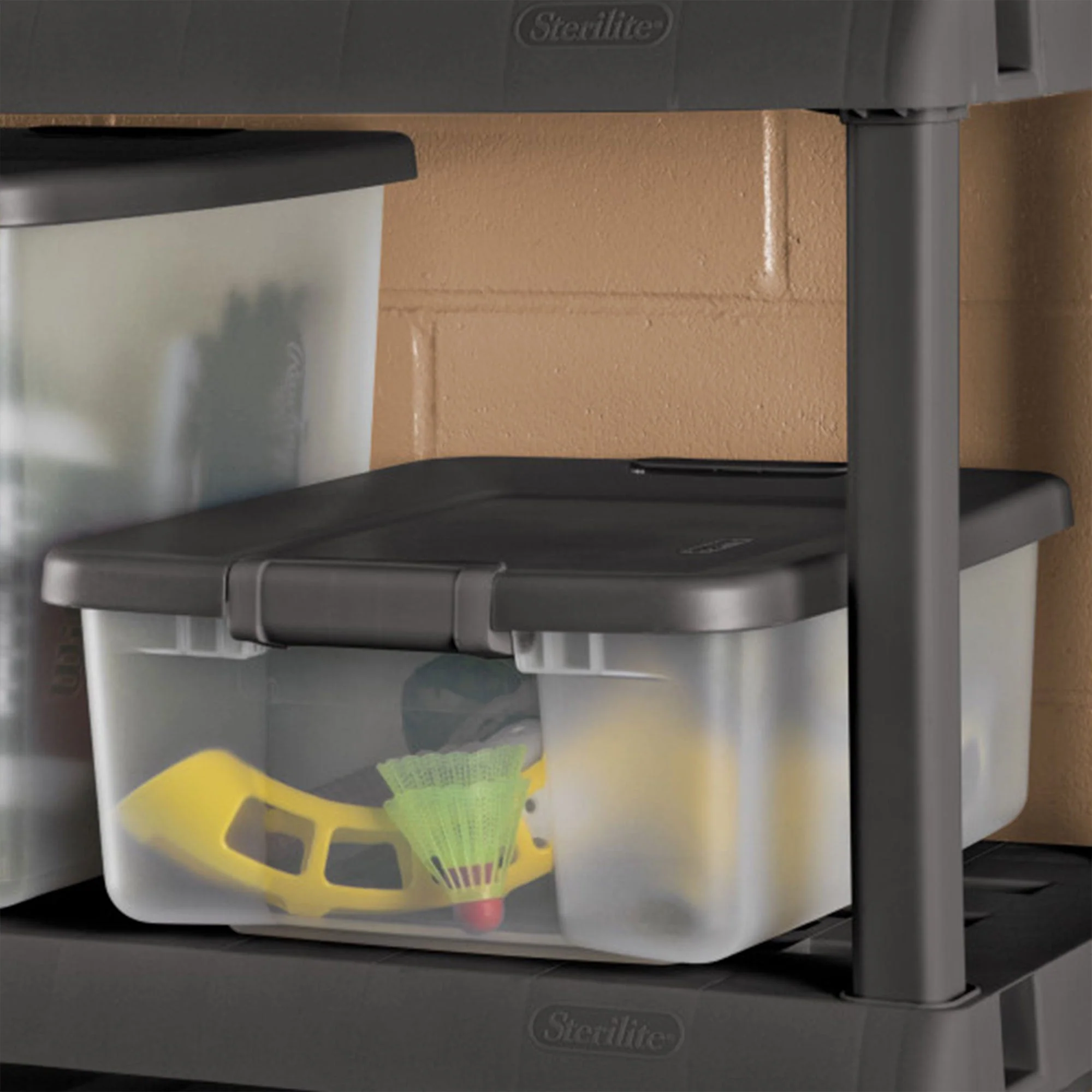 Sterilite 25 Quart ShelfTote, Stackable Storage Bin with Latching Lid, 6 Pack - Image 4