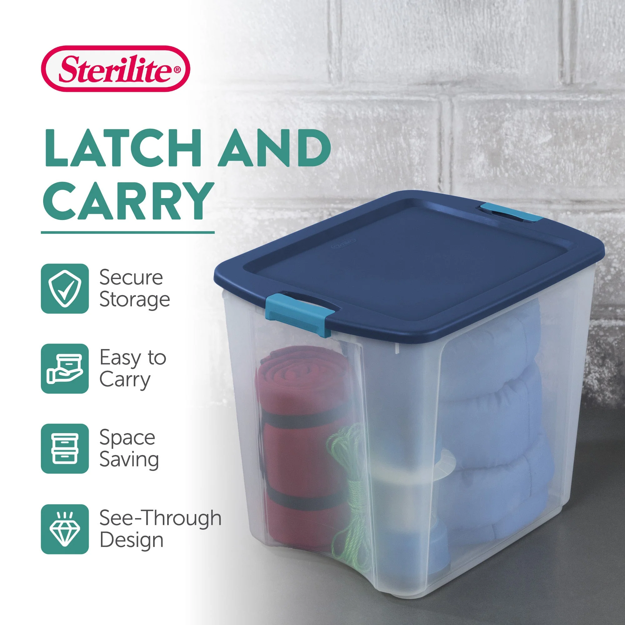 Sterilite 26 Gal Latch and Carry Stackable Storage Bin with Latching Lid, 4 Pack - Image 3