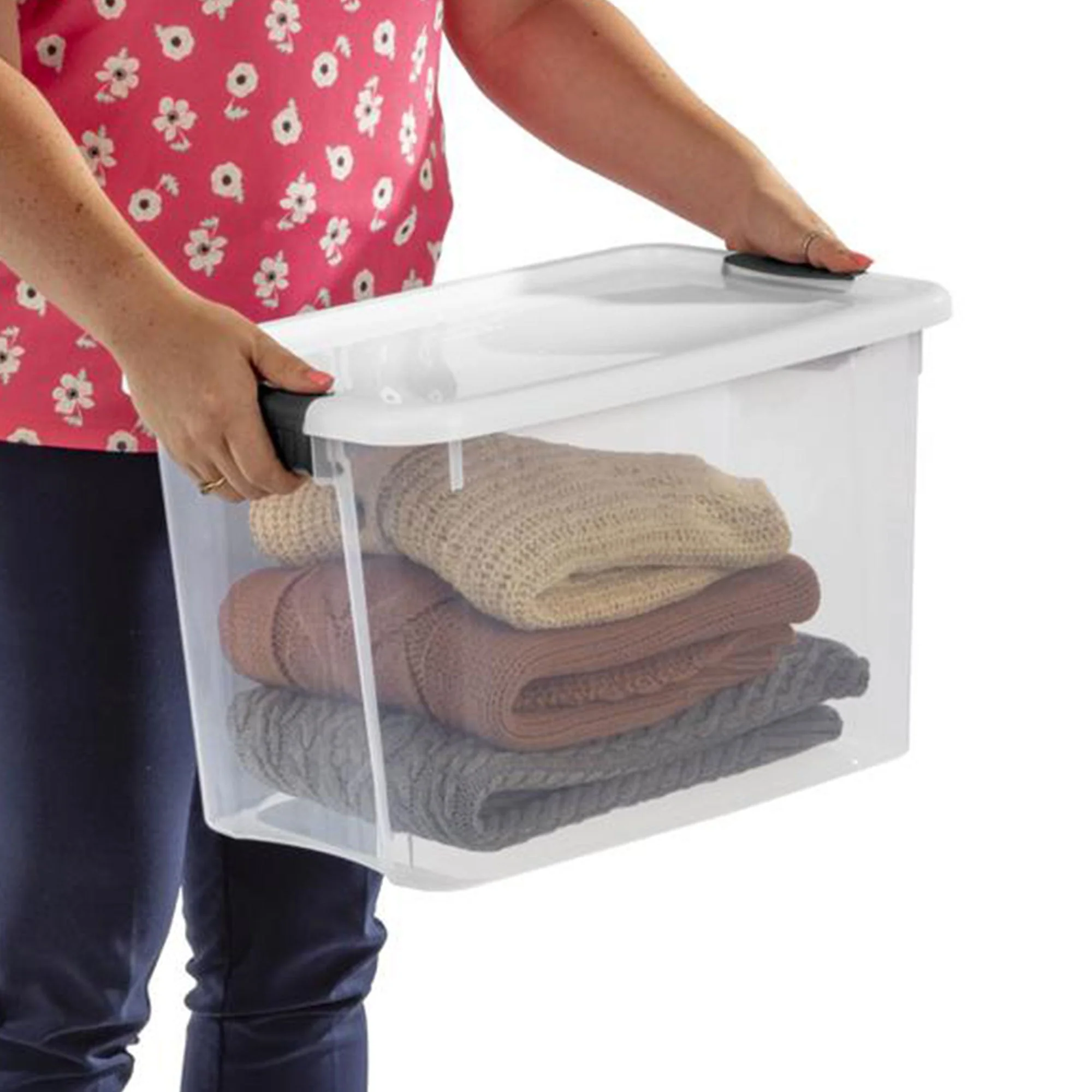 Sterilite 30 Qt Clear Plastic Stackable Storage Bin w/ Latch Lid, White (6 Pack) - Image 8
